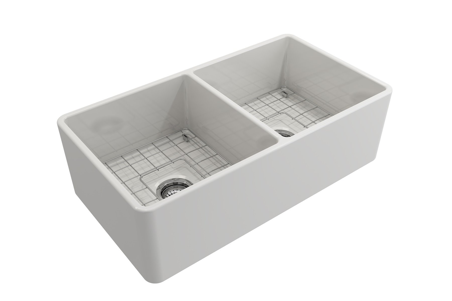 BOCCHI Classico White Apron Front Fireclay 33-inch Double Bowl Kitchen Sink with Protective Bottom Grid, Drain Strainers & Chrome Faucet - Perfect for Farmhouse Style Kitchens, Heavy-Duty Cooking & Dishwashing