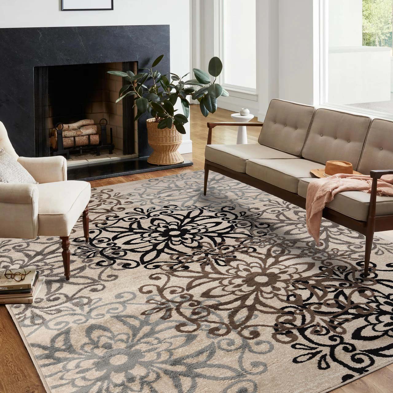 Non-Slip Modern Floral Medallion Indoor Area Rug & Runner - Soft Anti-Skid Living Room Carpet for Bedroom, Hallway, Entryway - Home Decor Floor Mat