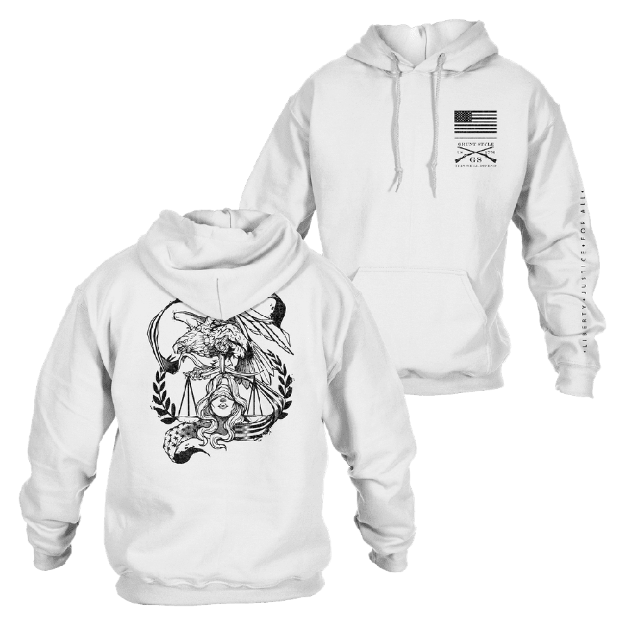 Liberty & Justice Hoodie - White | Patriotic American Pullover Sweatshirt for Men & Women | Perfect for 4th of July, Veterans Day & Casual Wear