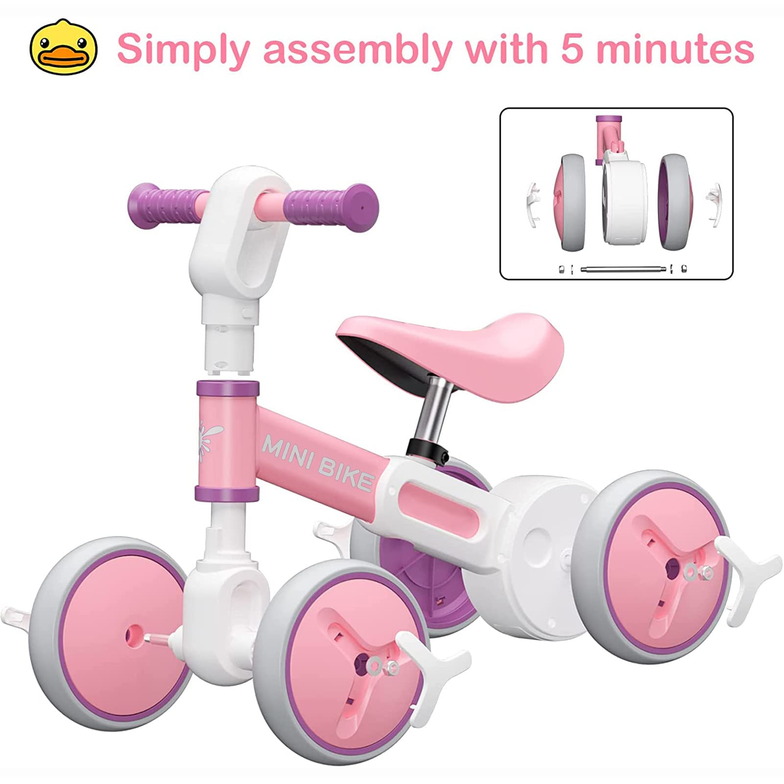 Best Baby Balance Bike for 1-3 Year Olds | Adjustable Seat No-Pedal Toddler Bike with 4 Wheels | Perfect First Bike Gift for Boys & Girls | Ideal for Indoor Play, Outdoor Learning & Birthday/Christmas Presents