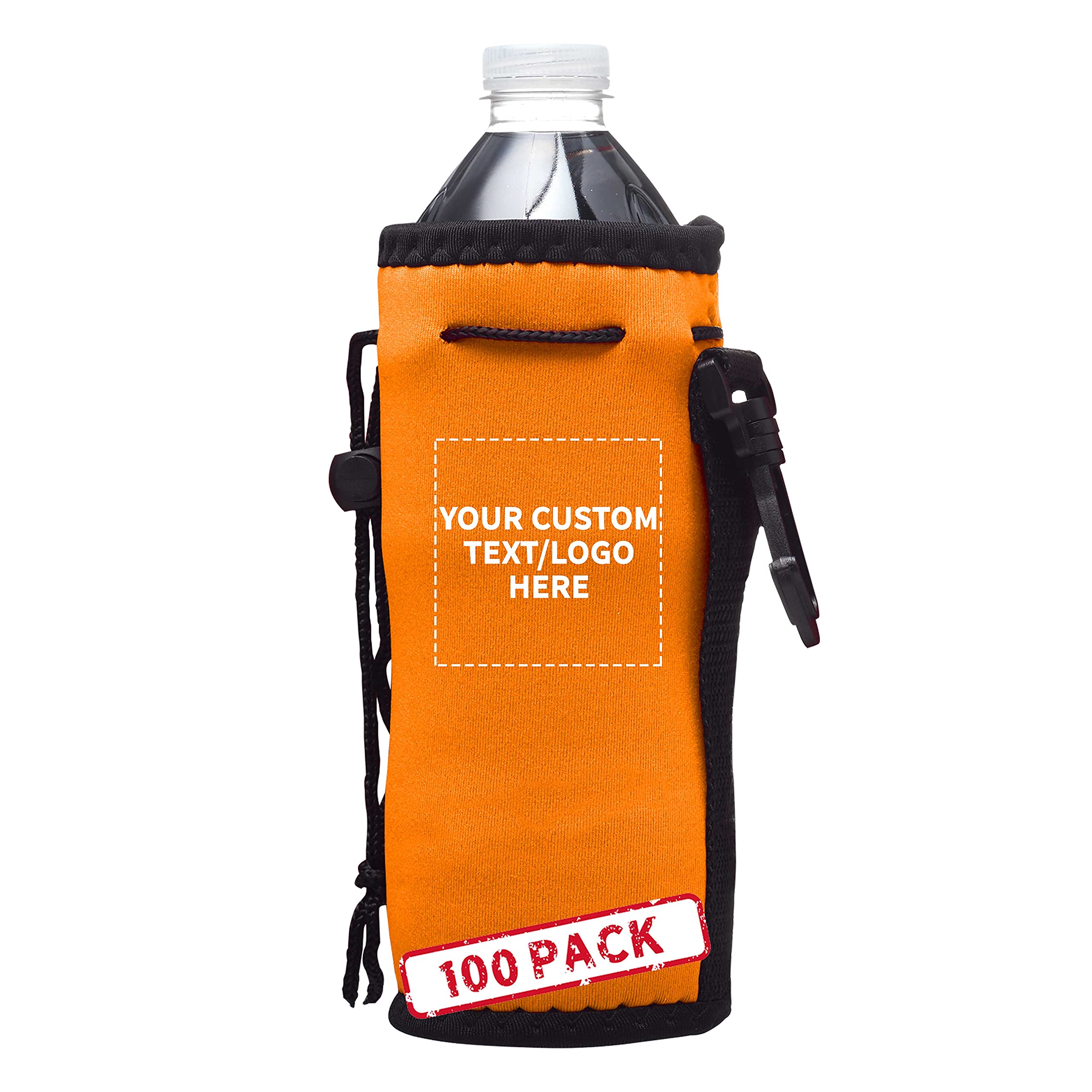 100-Pack Neoprene Beer Bottle Insulators with Drawstring - Custom Text & Logo Printing - 12 oz Longneck Bottle Sleeves with Hook - Neon Orange - Perfect for Bars, Parties, Tailgating & Outdoor Events
