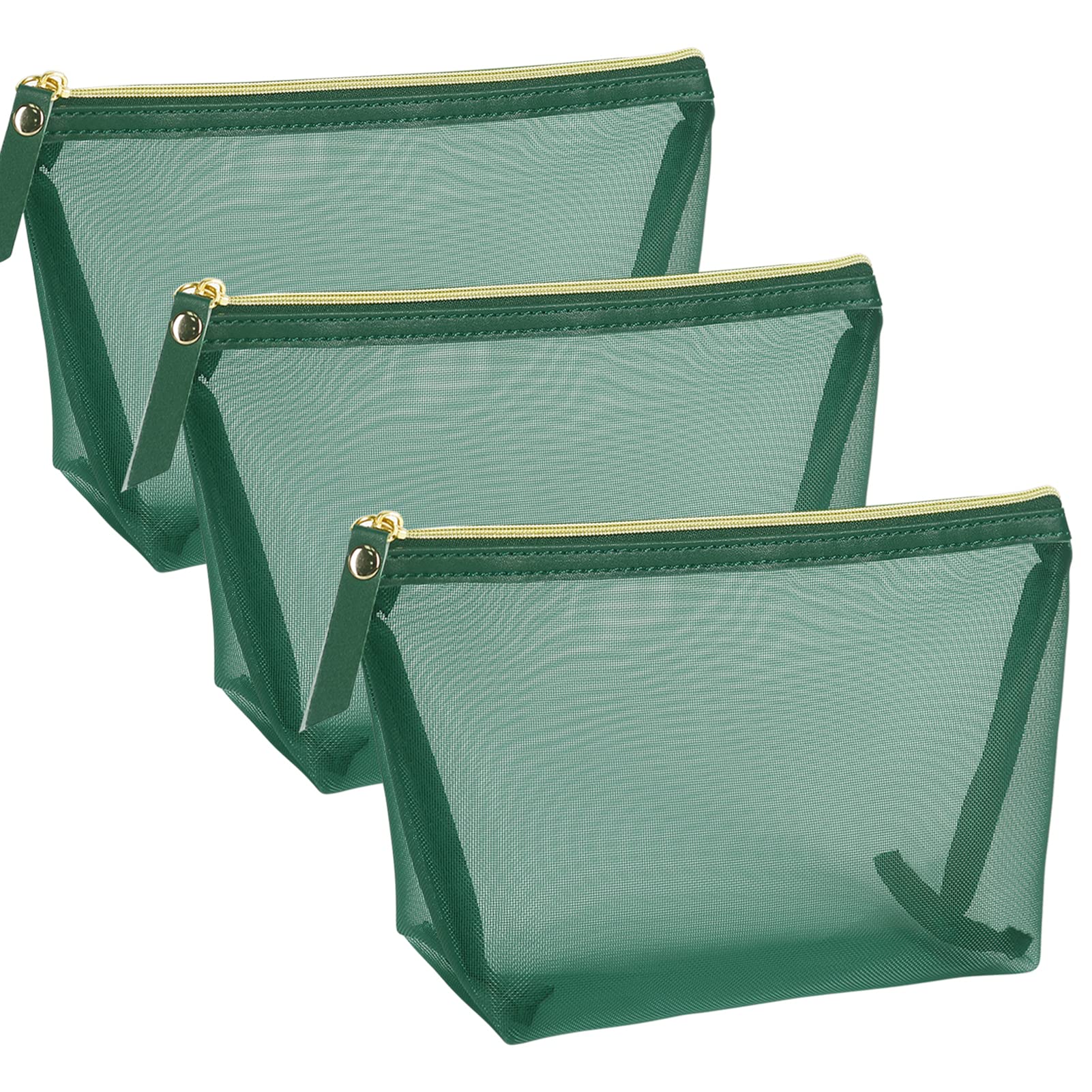 3pcs Mesh Cosmetic Bags Set - Nylon Makeup Pouches with Leather Pull & Gold Zipper for Travel Organizer, Purse, Diaper Bag (Emerald Green) - Perfect for Gym, Vacation & Daily Essentials Storage