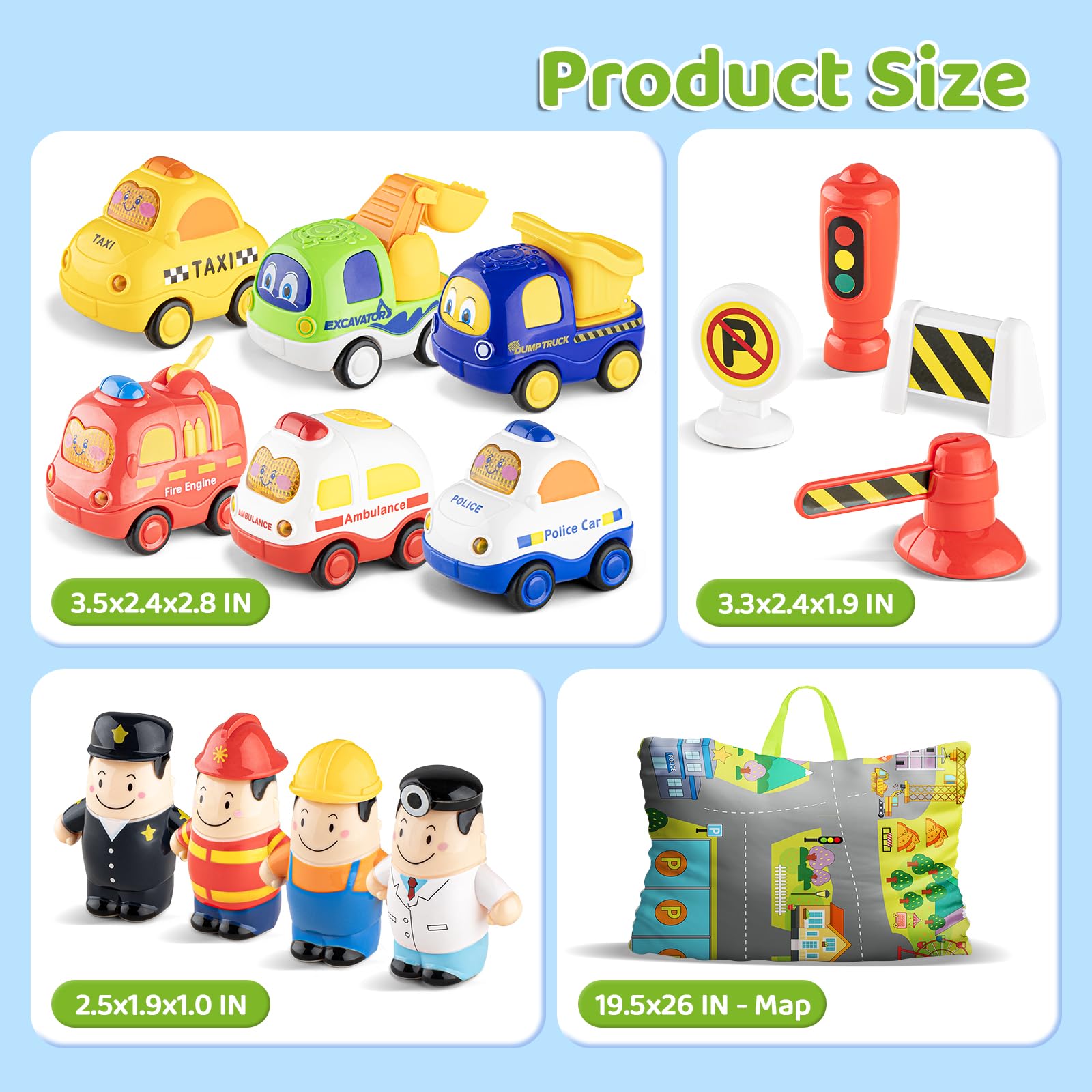 ALASOU 15-Piece Car and People Figure Toy Set with Playmat & Storage Bag - Montessori Learning Toys for Toddlers Ages 1-3 - Perfect Birthday Gift for 1-2 Year Old Boys | Great for Easter Basket Stuffers, Pretend Play, and Early Childhood Development