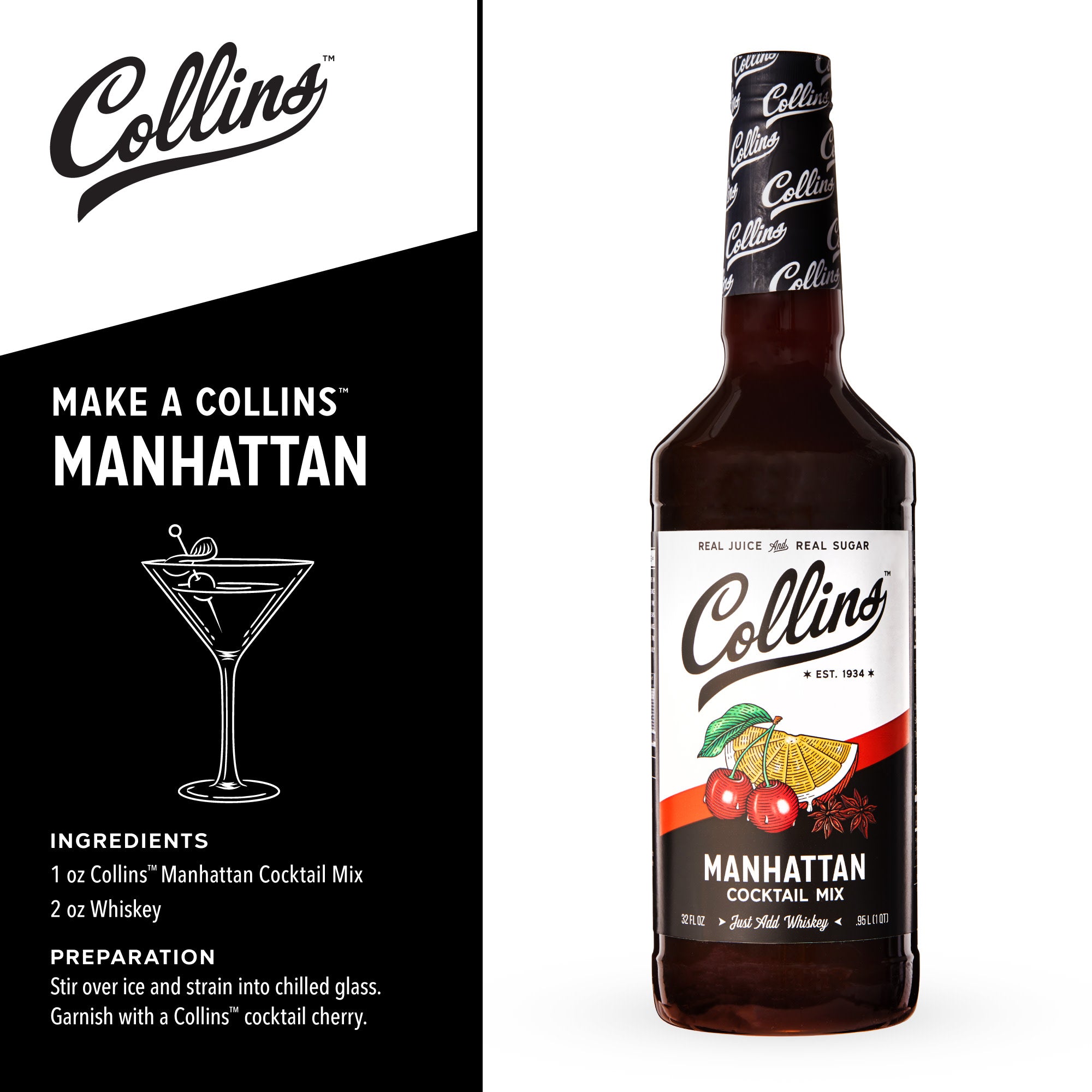 Premium Manhattan Cocktail Mix - 32 oz Bottle | Classic Whiskey Cocktail Mixer for Home Bars, Parties & Entertaining | Perfect for Happy Hours, Dinner Parties & Special Occasions