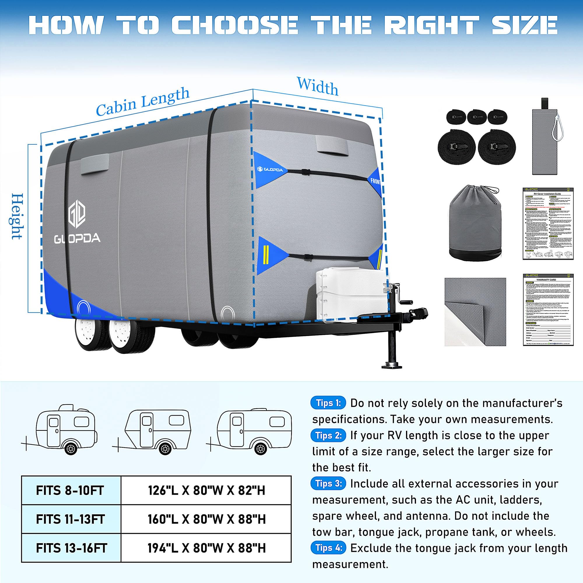 13'-16' Fiberglass Travel Trailer Cover - 7-Layer Waterproof, Anti-Tear RV Camper Cover with Windproof Straps & Repair Patches | Perfect for Outdoor Storage, Winter Protection & Travel