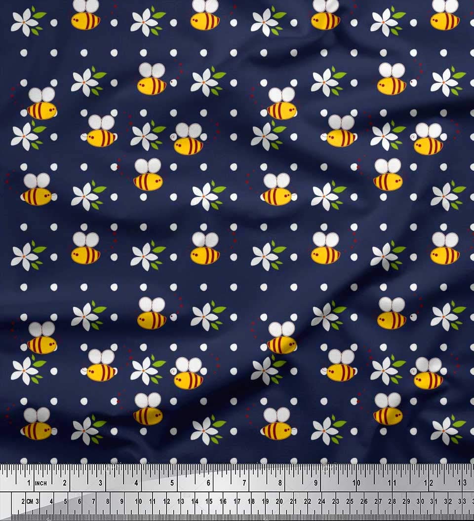 Soimoi Blue Cotton Poplin Fabric - Leaves Floral Honey Bee Print for Sewing & Quilting