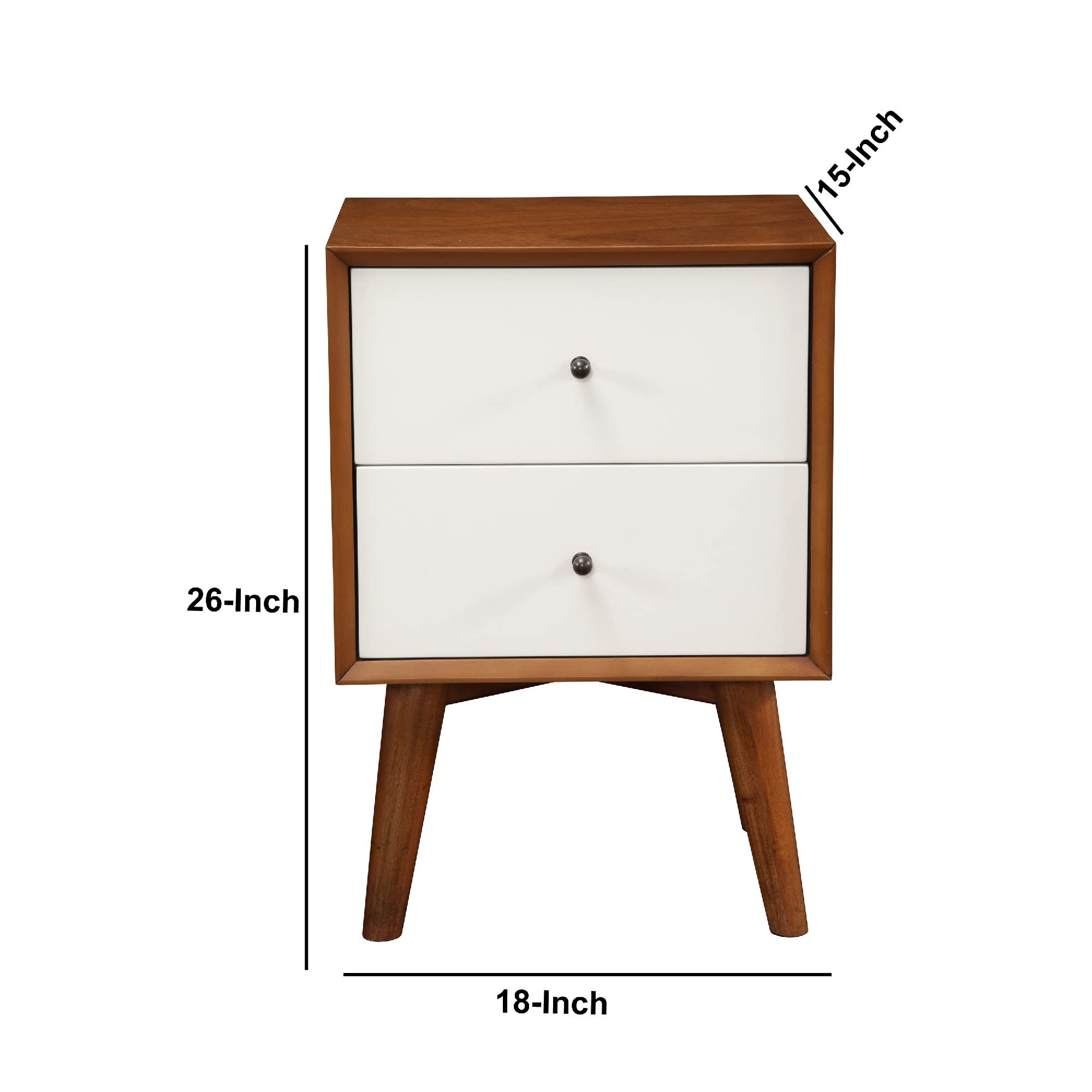 Benjara Modern Wooden Nightstand with 2 Drawers & Flared Legs - Brown & White Finish for Bedroom, Living Room, or Nursery Furniture