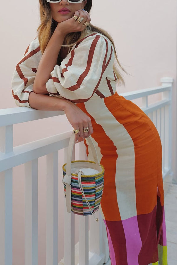 Kaya Linen Blend Color Block Print Maxi Dress with Front Cutout & Puff Sleeves | Summer Beach Wedding Guest Dress | Boho Chic Vacation Outfit