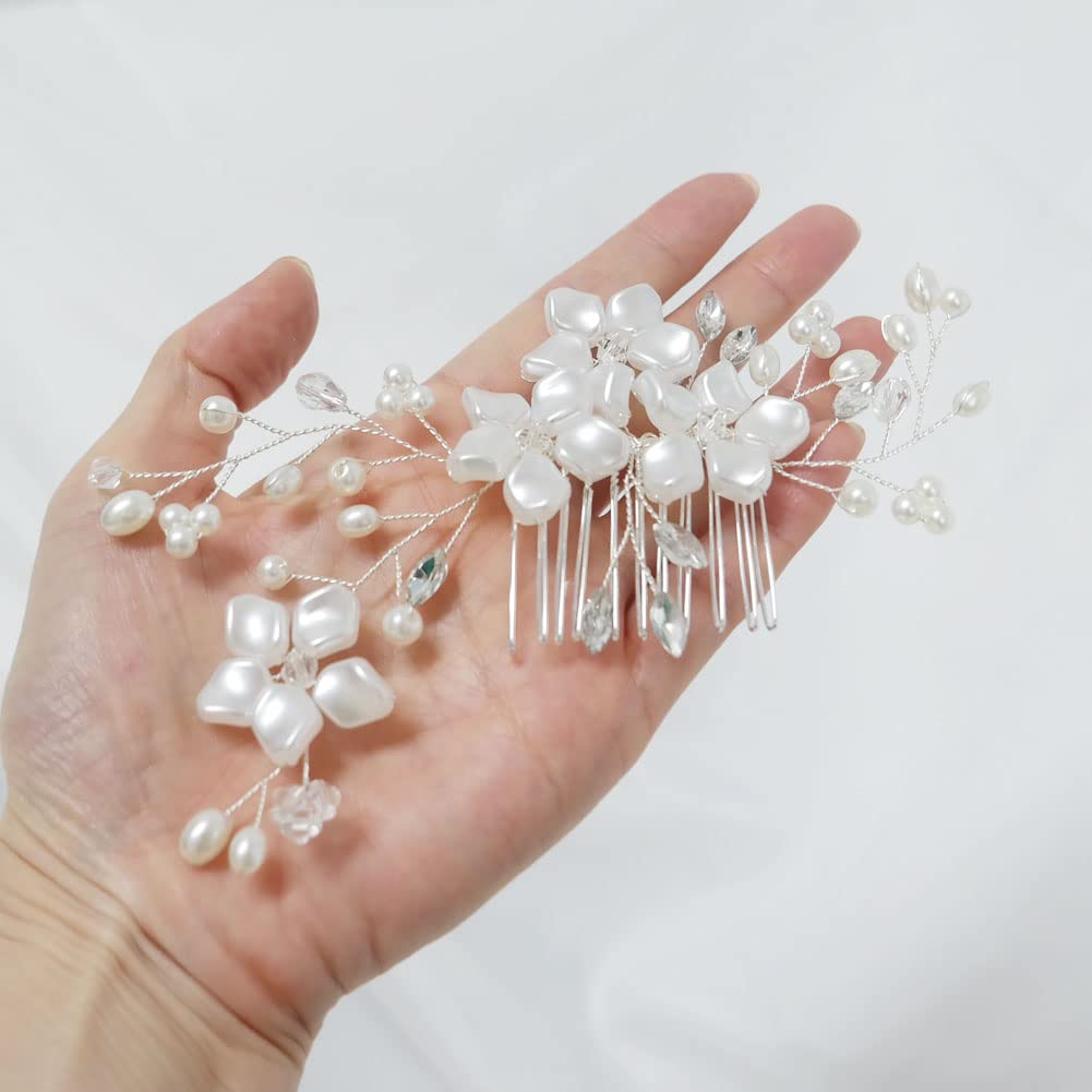 Elegant Pearl Rhinestone Silver Crystal Flower Leaf Vine Hair Comb Clip - Bridal Wedding Hair Accessories for Women & Girls | Perfect for Bridesmaids, Prom, and Special Occasions
