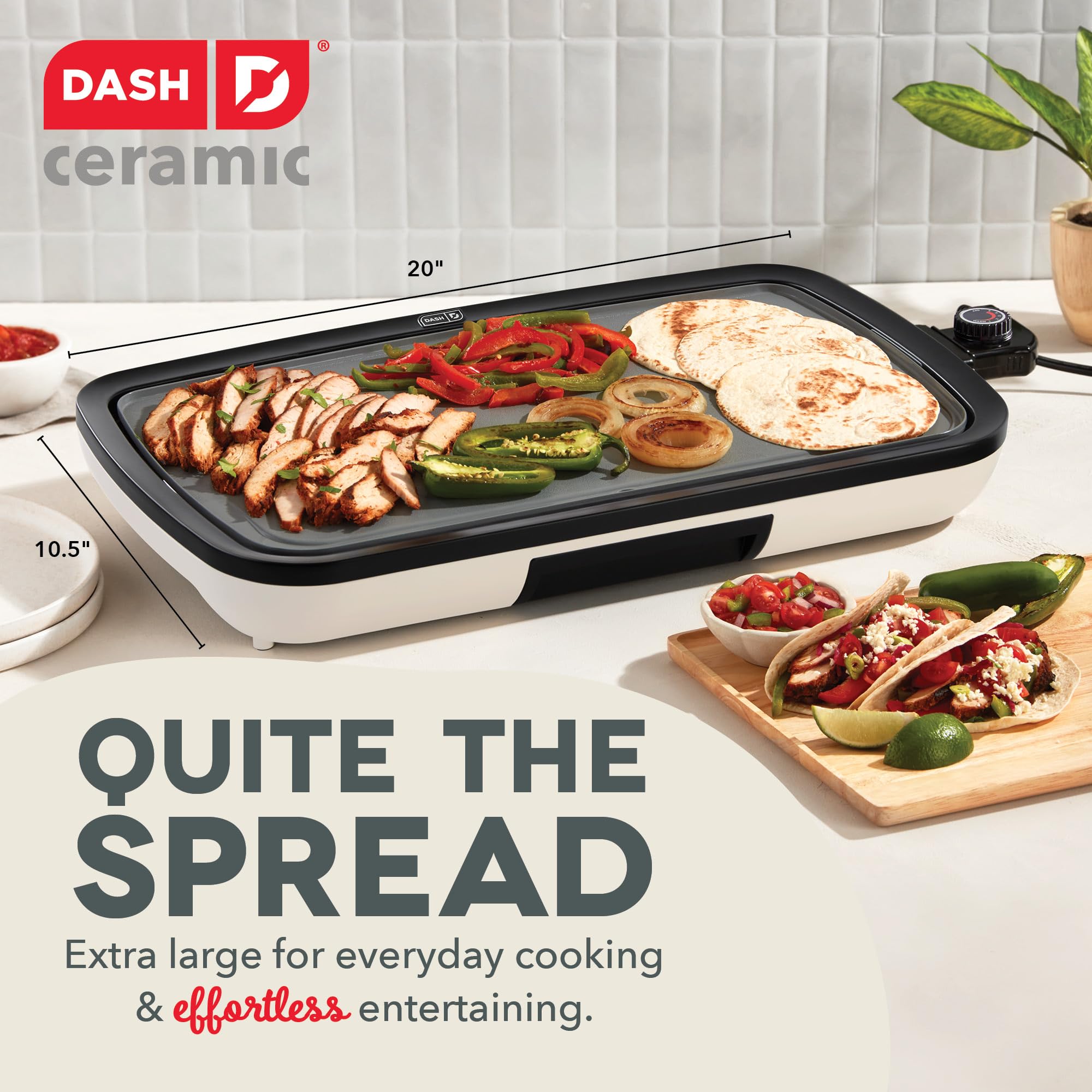 DASH Everyday Ceramic Electric Griddle - 20 Inch, 1500W, Non-Stick Surface for Pancakes, Burgers, Quesadillas, Eggs | Includes Drip Tray & Recipe Book | Perfect for Breakfast, Lunch, Snacks & Family Gatherings (Cream)