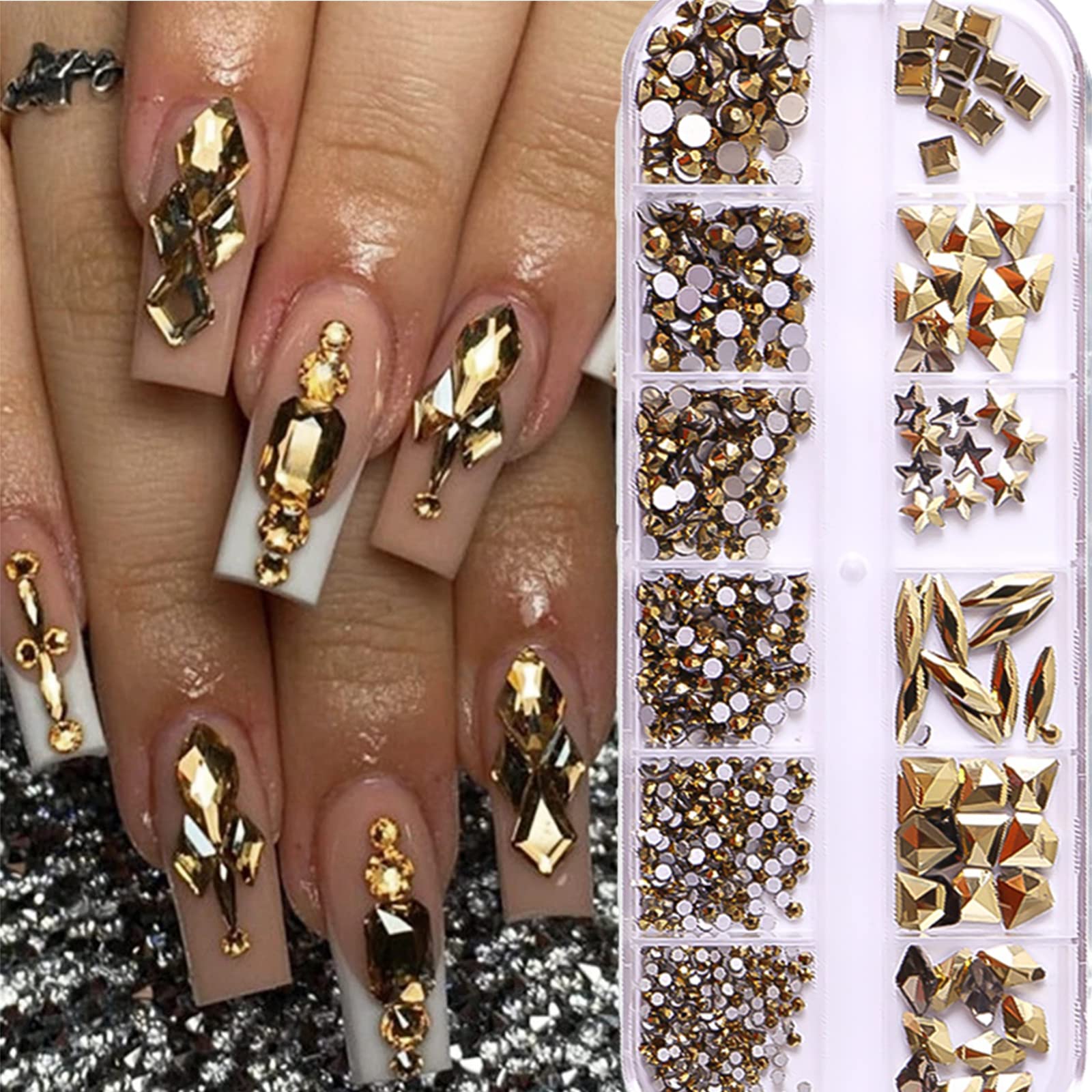 RODAKY 810Pcs 3D Gold Crystal Rhinestones for Nail Art - Flatback Gems in Multiple Shapes for DIY Nail Design, Makeup & Jewelry Crafting - Perfect for Salon, Home Manicure and Party Glam Looks