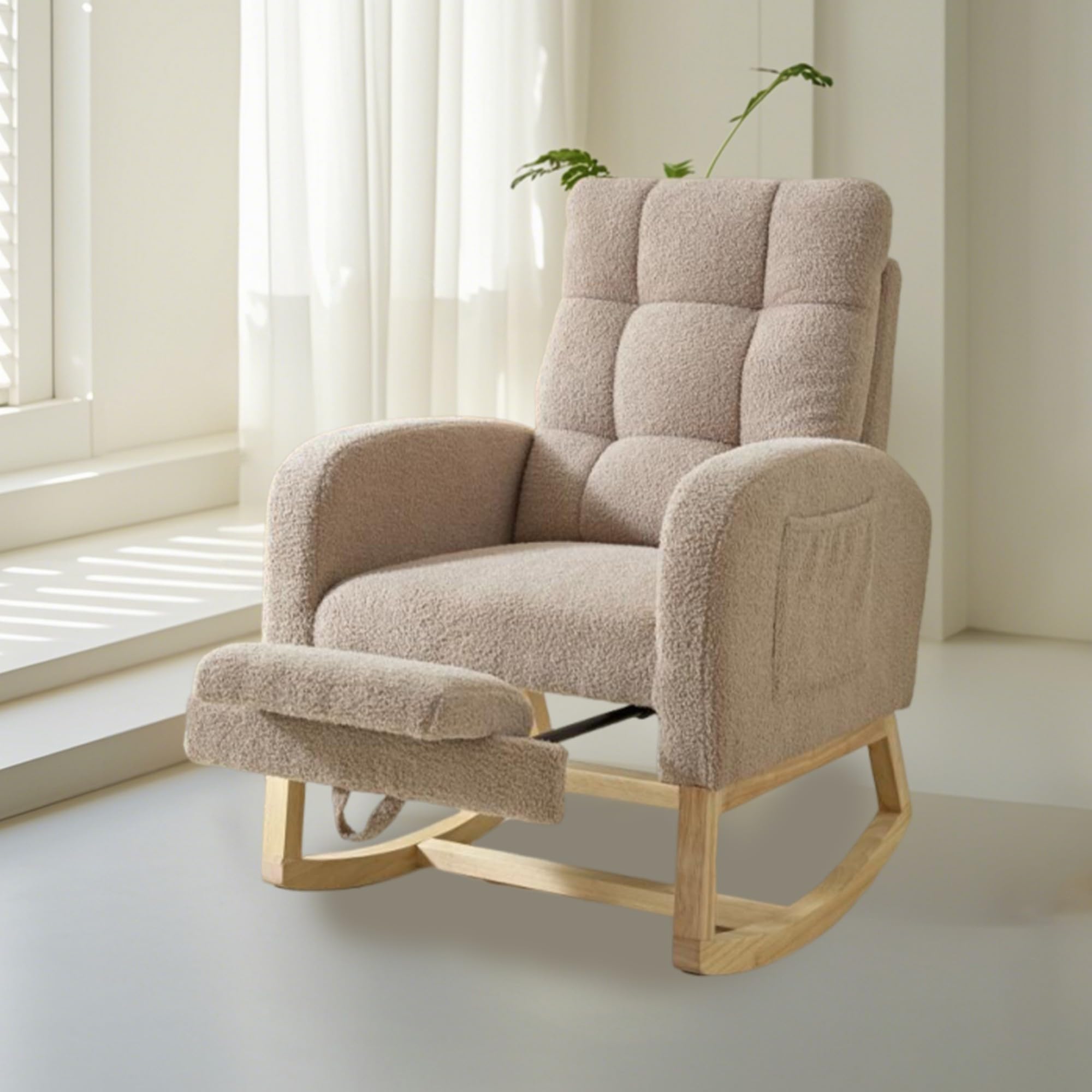 **Adjustable Nursery Rocking Chair with Footrest – Solid Wood Legs, Teddy Fabric, High Backrest & Side Pockets – Comfortable Lounge Armchair for Living Room, Nursery, or Bedroom (Light Coffee)**    *(Perfect for nursing, reading, relaxing, or as a stylish accent chair in your home decor.)*