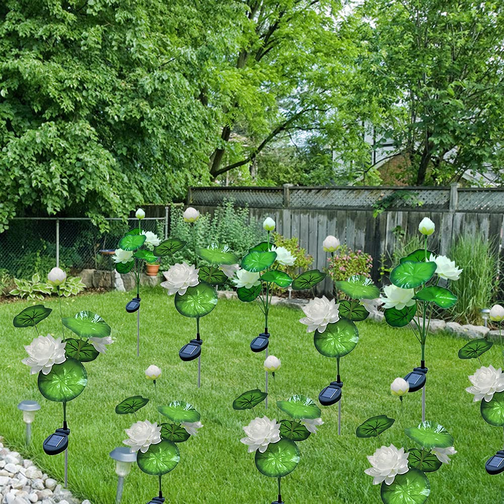 Solar Powered Lotus Flower Garden Lights - 2 Pack Waterproof Outdoor Solar Stake Lights for Yard, Patio, Lawn & Pathway Decoration | Landscape Lighting for Evening Ambience & Garden Parties (White)