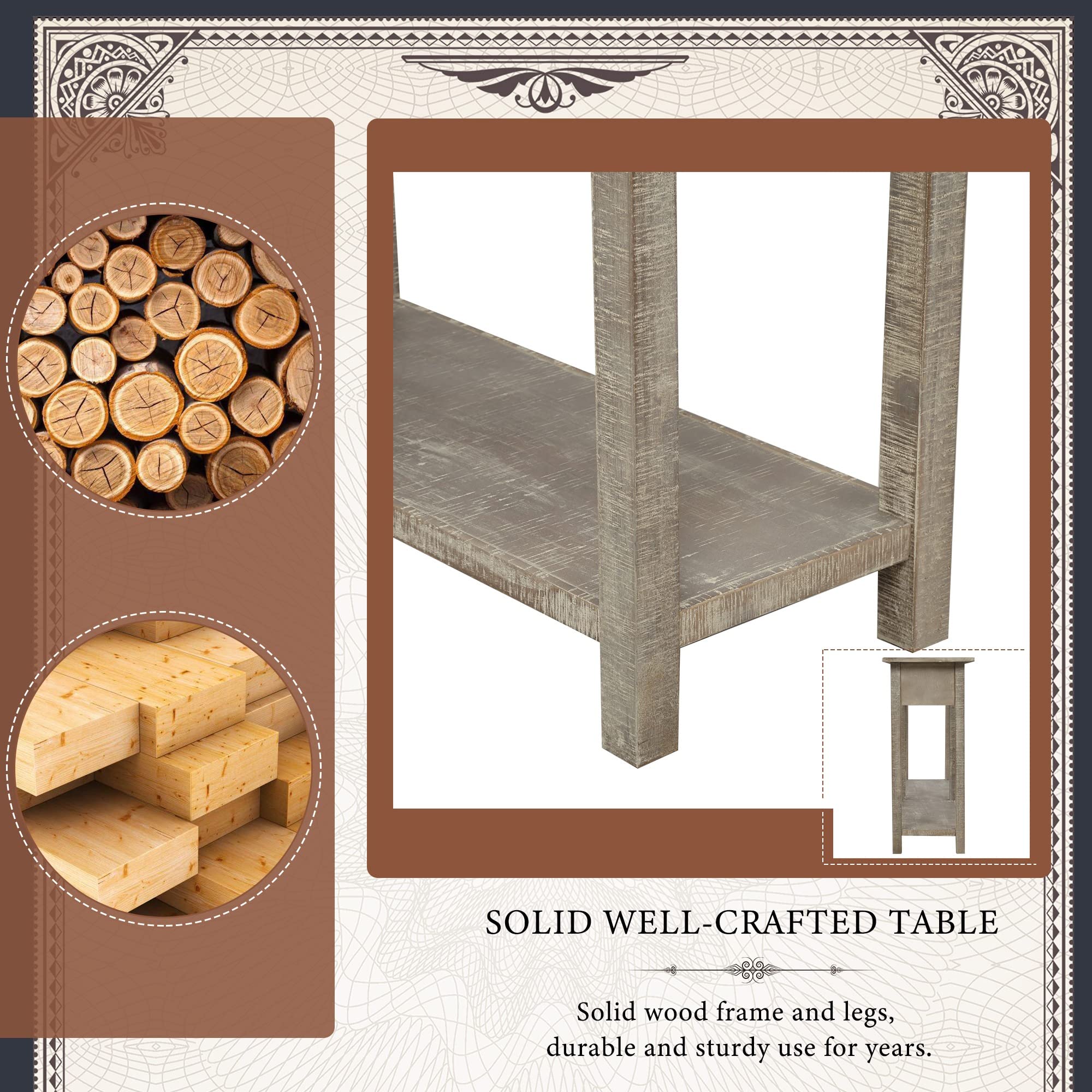 Rustic Brushed Texture Entryway Table with Drawers & Bottom Shelf - Grey Wash Console Table for Living Room, Hallway & Entryway Decor