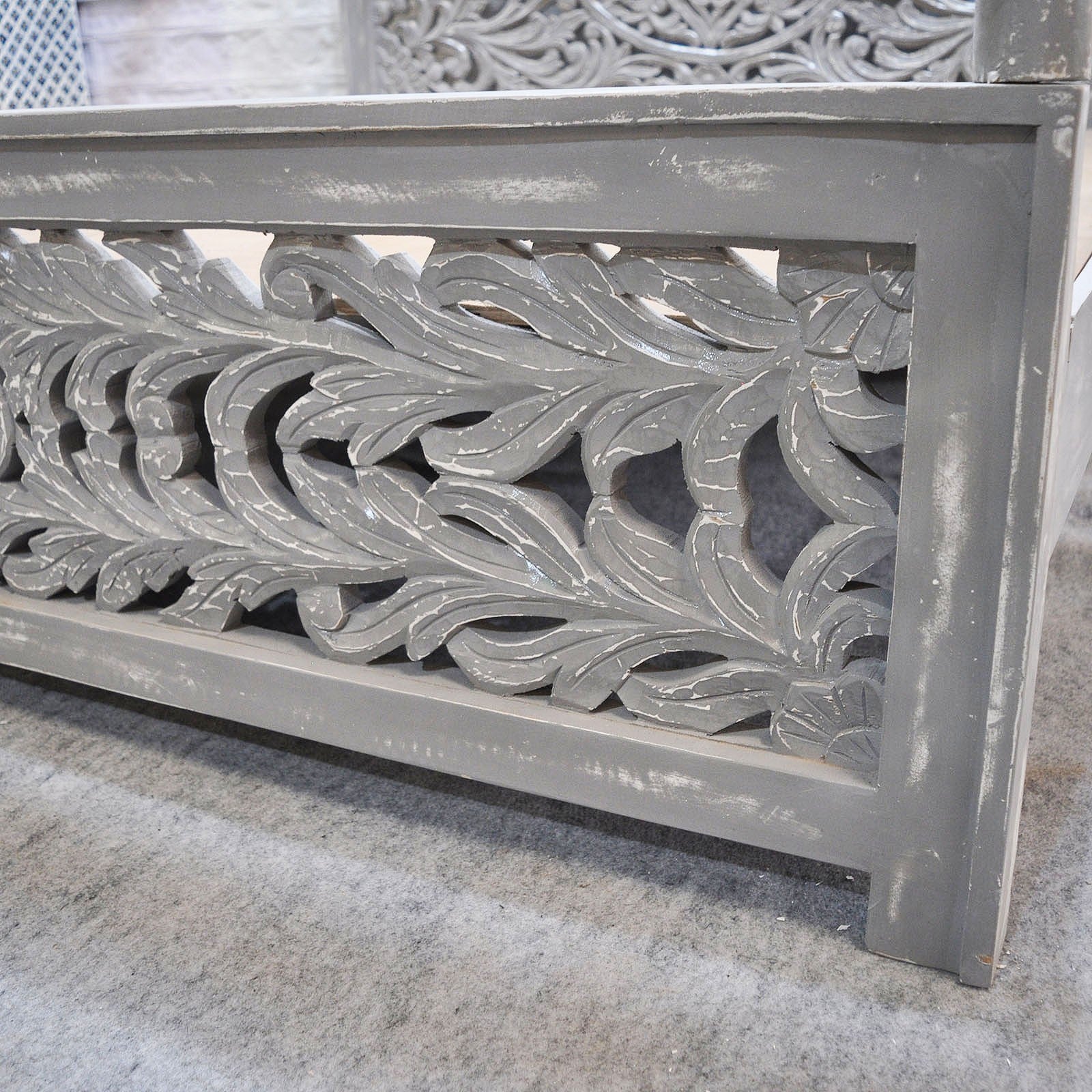 Hand Carved Indian Wooden 4 Poster Bed Frame - Grey Finish | Solid Wood King Size Bed with Canopy | Perfect for Master Bedroom, Boho Chic Decor & Luxury Bedroom Design