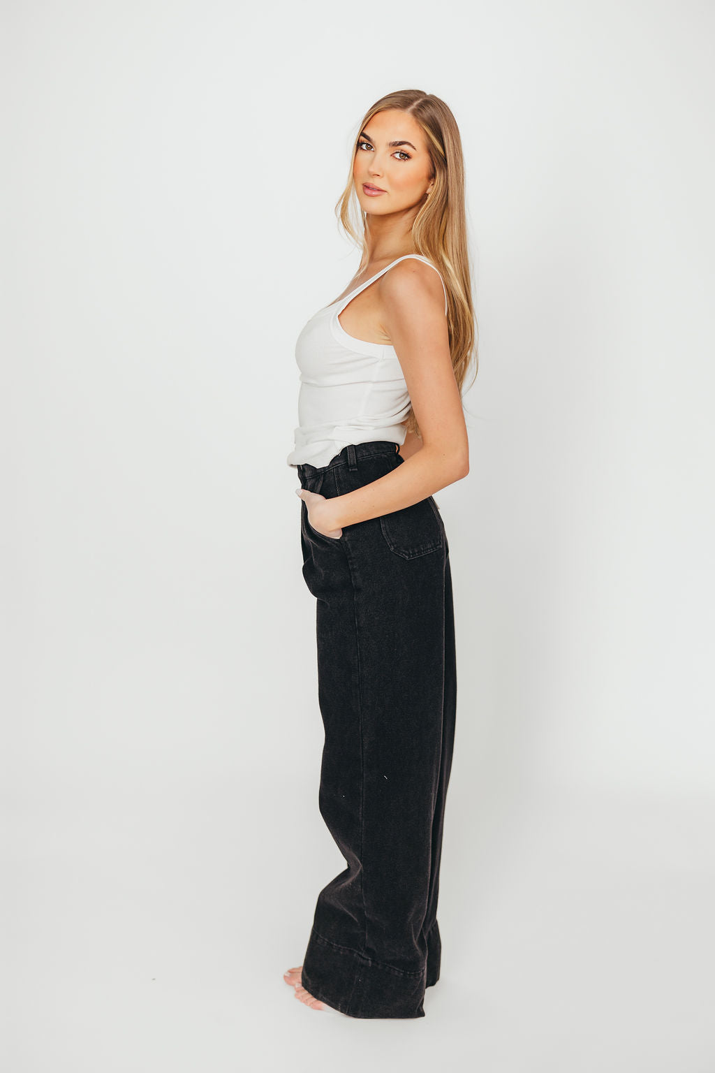 Anna High Rise Pleated Palazzo Pants for Women - Washed Black Wide Leg Trousers | Comfortable Office Pants & Casual Lounge Wear for Work, Travel & Everyday Outfits