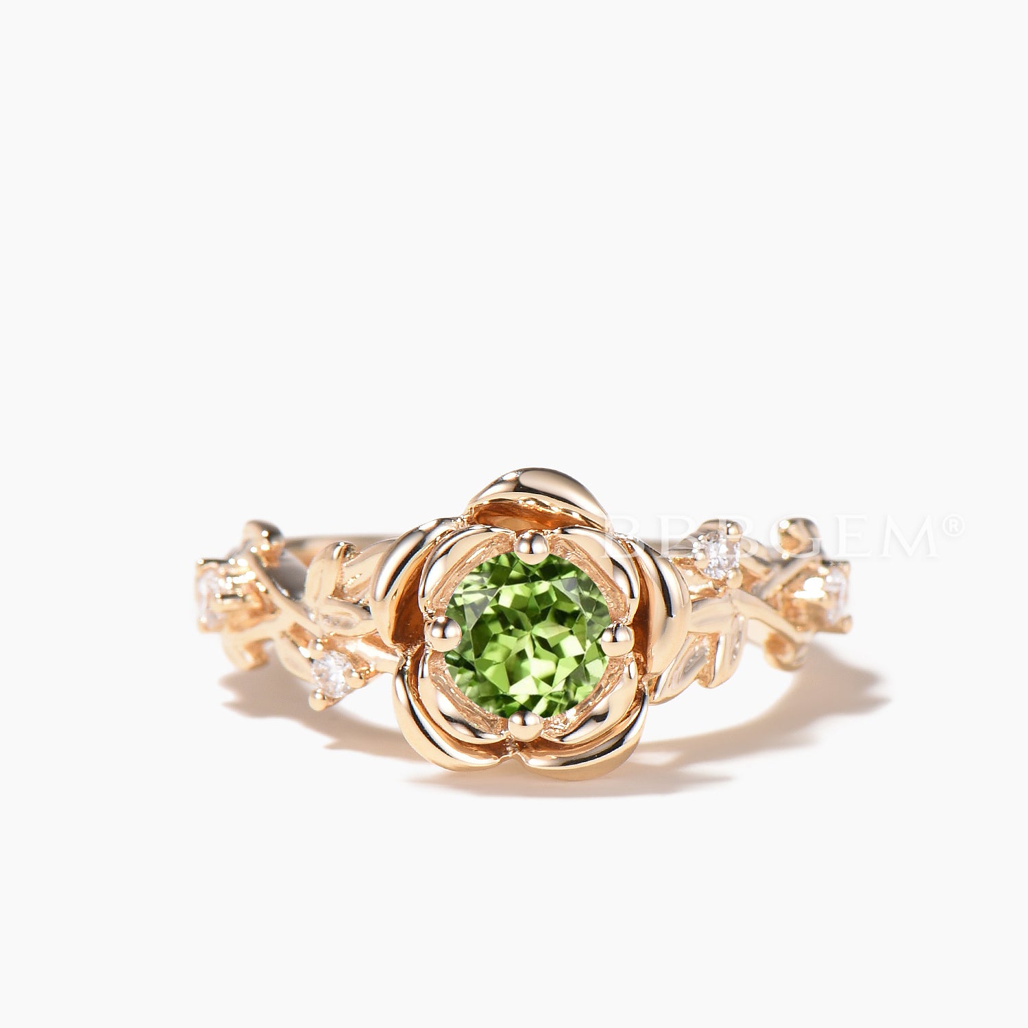 Natural Peridot Floral Engagement Ring - Round Cut Green Gemstone Wedding Band for Women - Nature Inspired Jewelry for Brides, Anniversary & Special Occasions