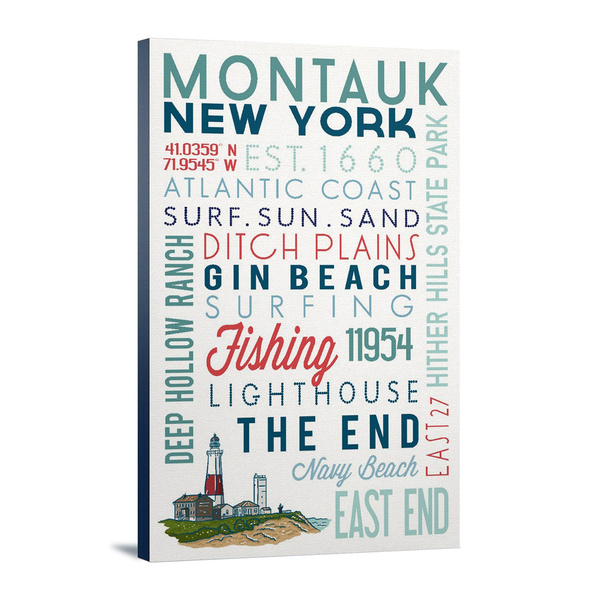 Lantern Press Montauk New York Typography Art - 16x24 Wrapped Canvas Wall Decor for Living Room, Bedroom & Office - Coastal Inspired Home Decor