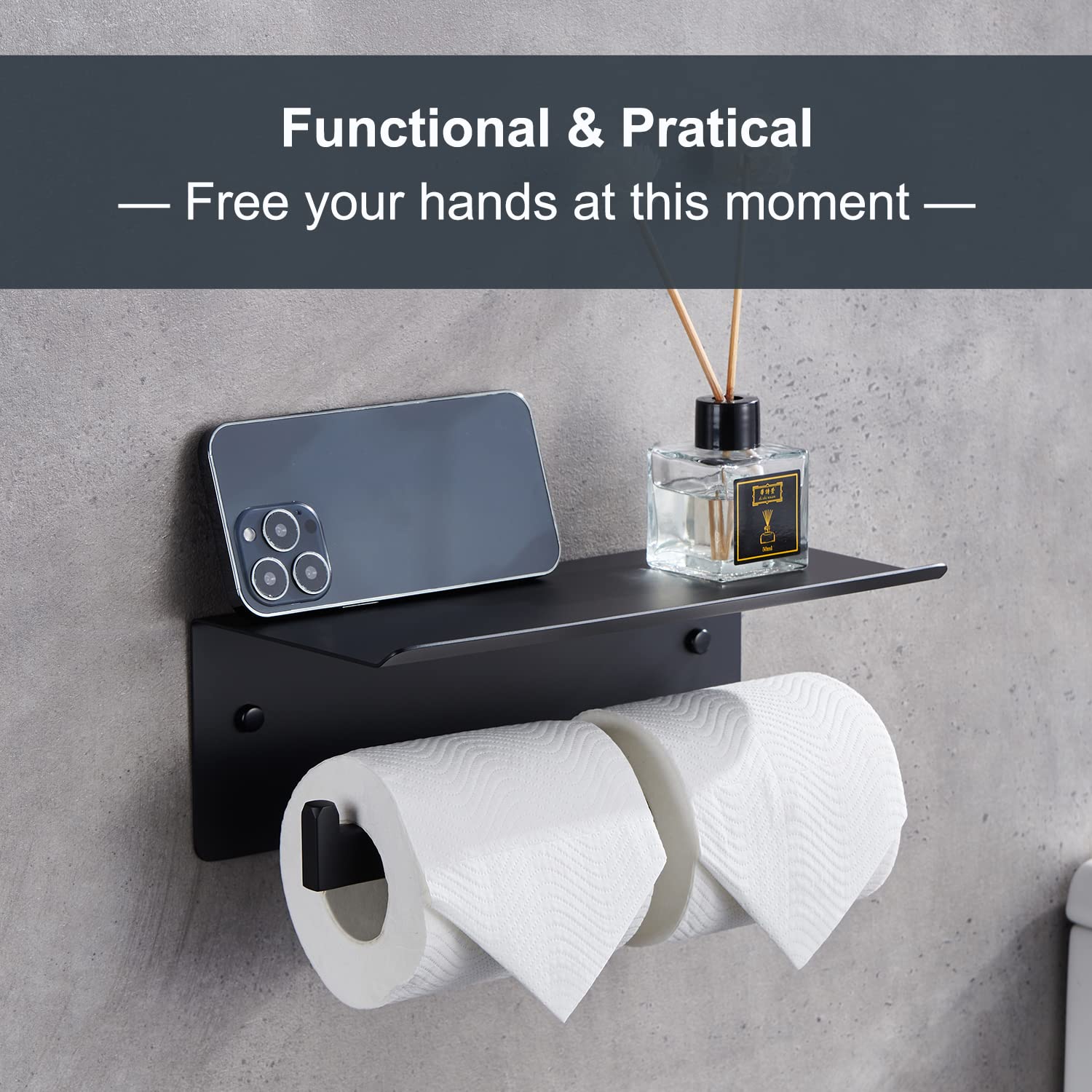 CRW Matte Black Double Roll Toilet Paper Holder with Shelf & Phone Stand - Stainless Steel Wall Mounted Bathroom Tissue Dispenser - Perfect for Home, Office & Commercial Restrooms