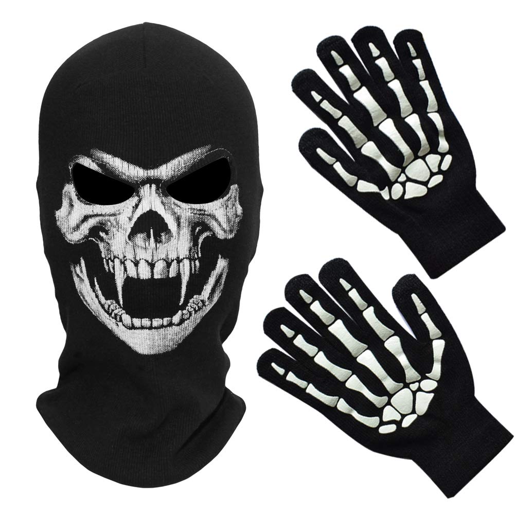 Melop Full Face Skeleton Skull Ghost Halloween Balaclava Mask - Scary Cosplay Costume Accessory for Cycling, Outdoor Activities & Horror Parties with Matching Skeleton Gloves (Perfect for Halloween, Themed Events & Cosplay Enthusiasts)