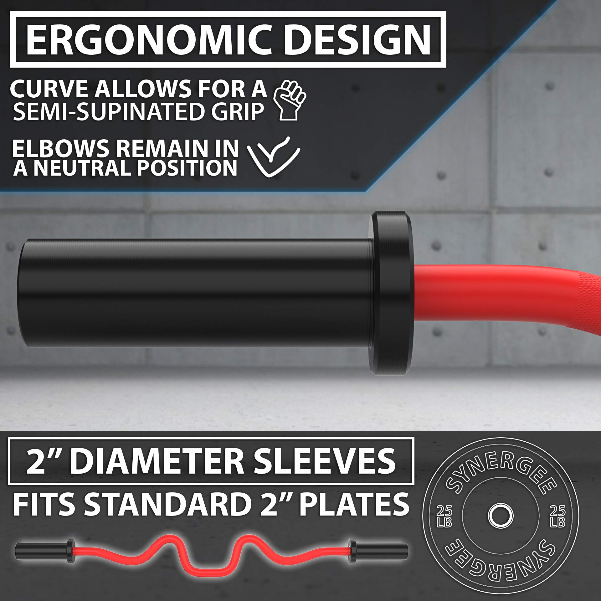 Synergee Olympic EZ Curl Bar - Chrome, Black Phosphate & Red Powder Coated with Brass Bushings - Perfect for Bicep Curls, Triceps Extensions & Home Gym Workouts