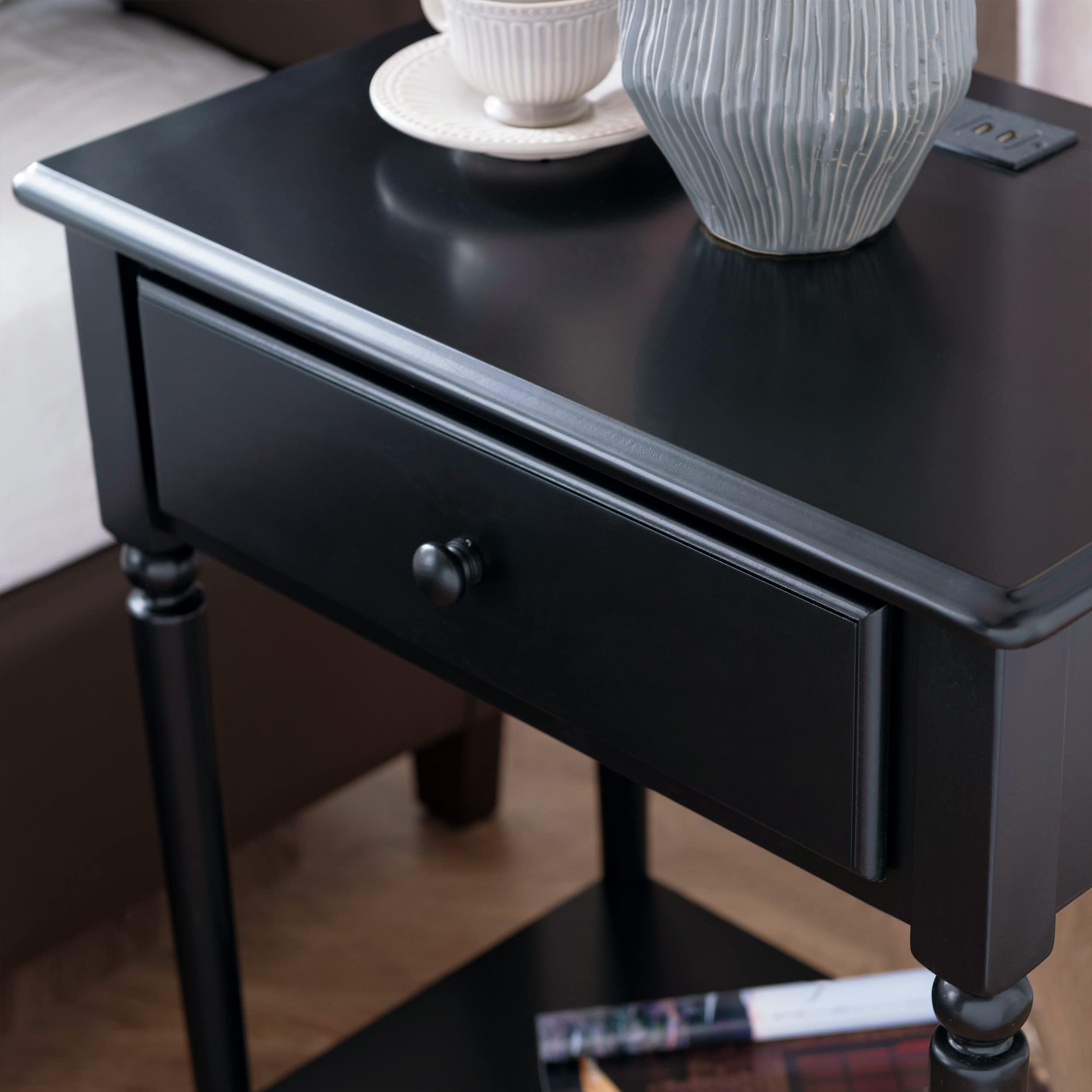 Coastal Nightstand with USB-C Fast Charging Station - Solid Wood Swan Black Side Table for Bedroom, Living Room & Small Spaces - Modern End Table with Storage Shelf - Perfect for Charging Devices & Organizing Essentials - Leick Home 20022-BK