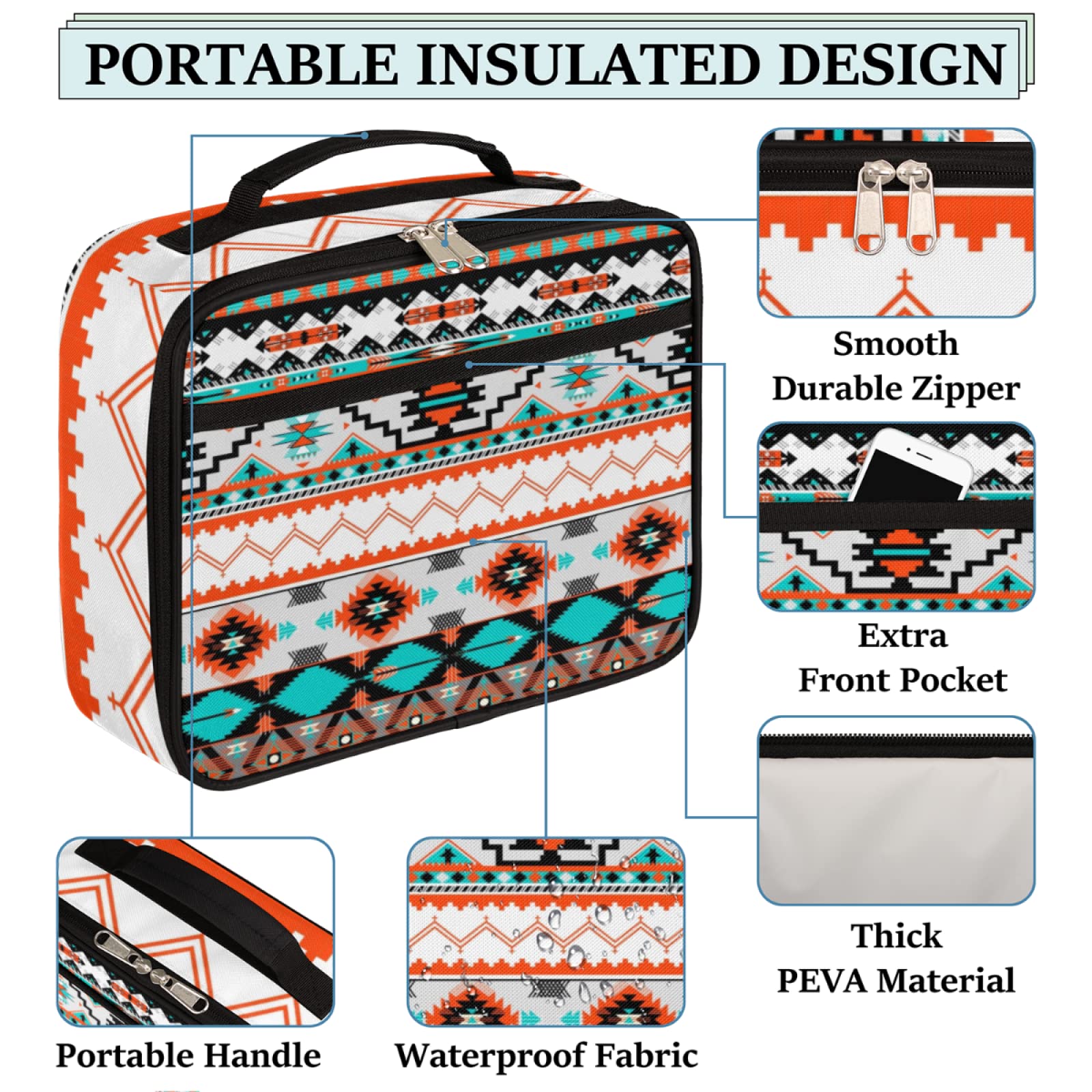 Aztec Print Insulated Lunch Box for Kids & Adults - Reusable Leakproof Lunch Bag for School, Work, Beach & Outdoor - Meal Prep Cooler Tote for Picnics, Hiking & Daily Use