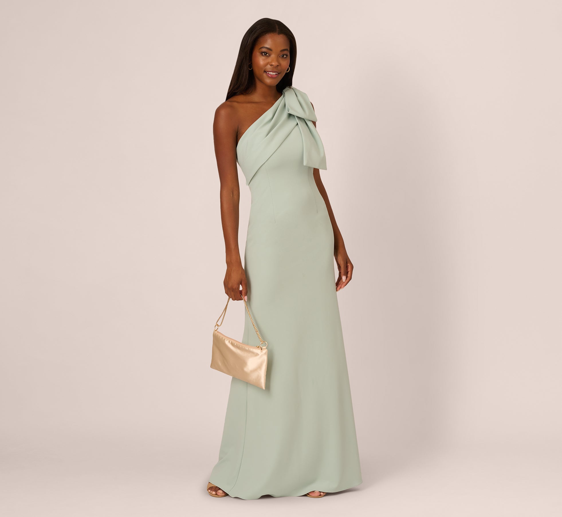 Elegant Stretch Crepe One Shoulder Mermaid Gown with Bow Accent in Icy Sage - Perfect for Evening Galas, Prom Dances & Formal Events