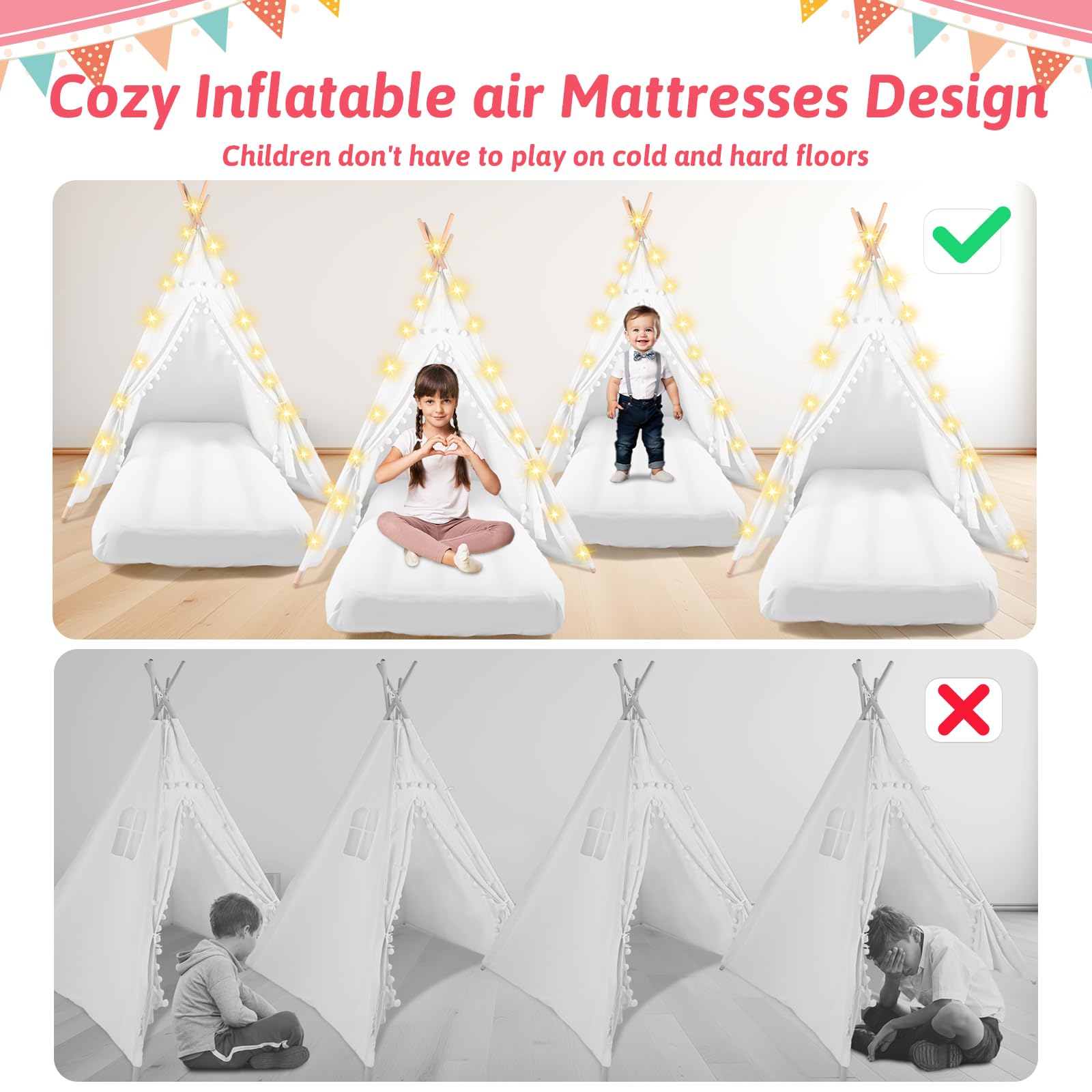4-Pack Kids Teepee Tents for Sleepovers & Slumber Parties - Includes Inflatable Airbed, Fairy Lights & Washable Cotton Play Tent for Toddlers (White) - Perfect for Indoor Camping, Birthday Parties & Playroom Decor