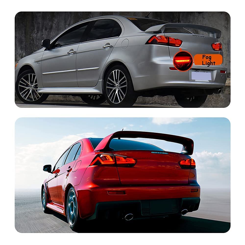 Ingenuity Time LED Tail Lights for Mitsubishi Lancer & Lancer EVO 2008-2017 - Smoke Lens with Startup Animation, DRL, Brake & Sequential Turn Signals - Rear Lamp Assembly - Perfect for Night Driving & Car Customization