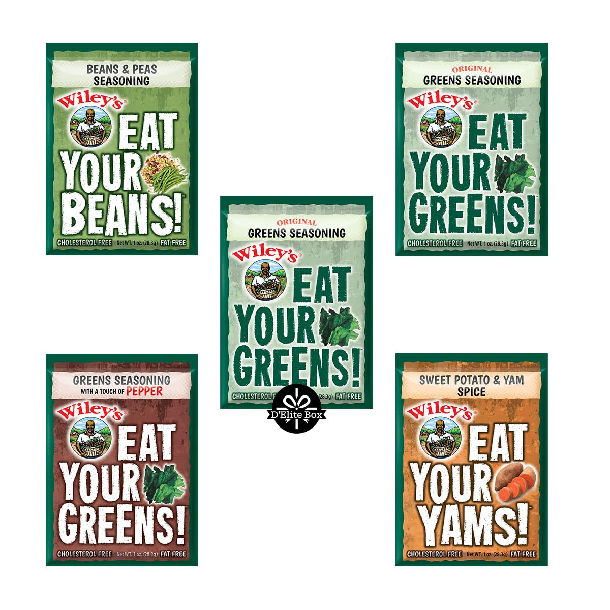 Wileys Seasoning Mix Sampler Pack of 5 - Greens Seasoning, Spicy Greens, Yams, Beans & Peas Seasonings | D'Elite Box Packaged | Perfect for Soul Food, Thanksgiving, and Southern Cooking