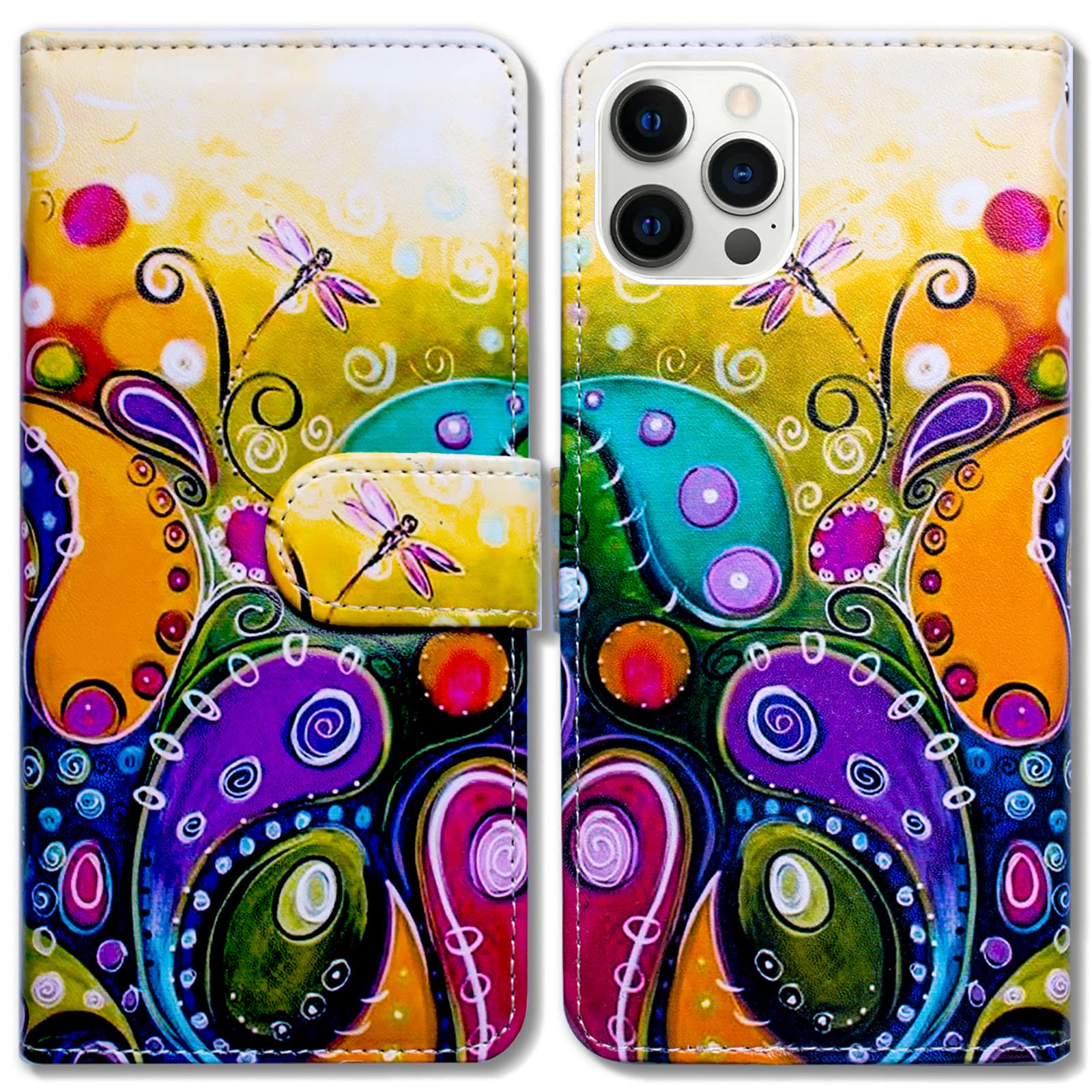Premium Dragonfly Leather Flip Wallet Case for iPhone 13 Pro - Slim Card Holder with Kickstand | Stylish Protection for Everyday Use & Travel