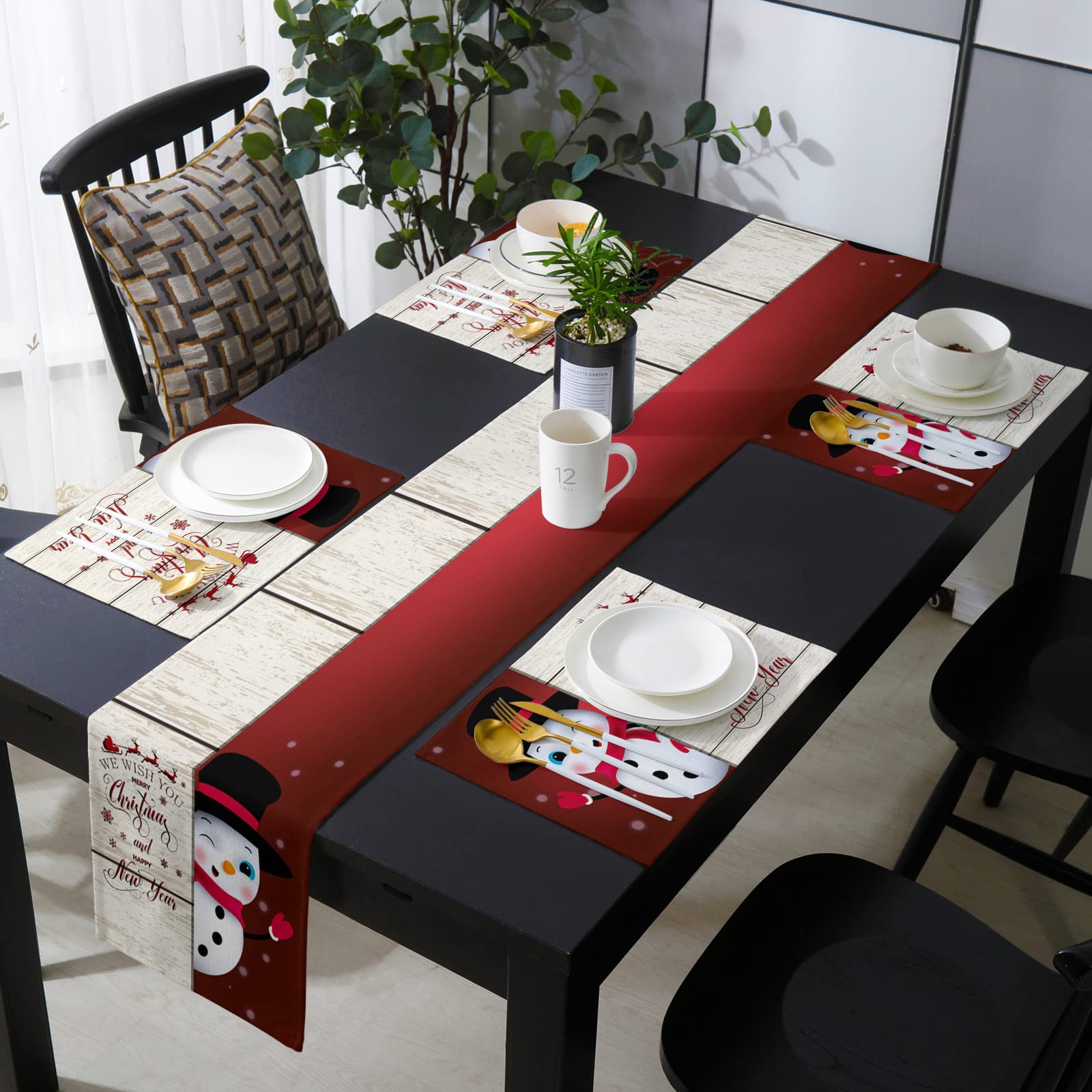 Christmas Table Runner Set with 2 Placemats - Cotton Linen Waterproof Heat-Resistant Dining Table Decor for Holiday Parties, Weddings & Home - Festive Snowman & Woodgrain Design for Christmas Dinner Decorations
