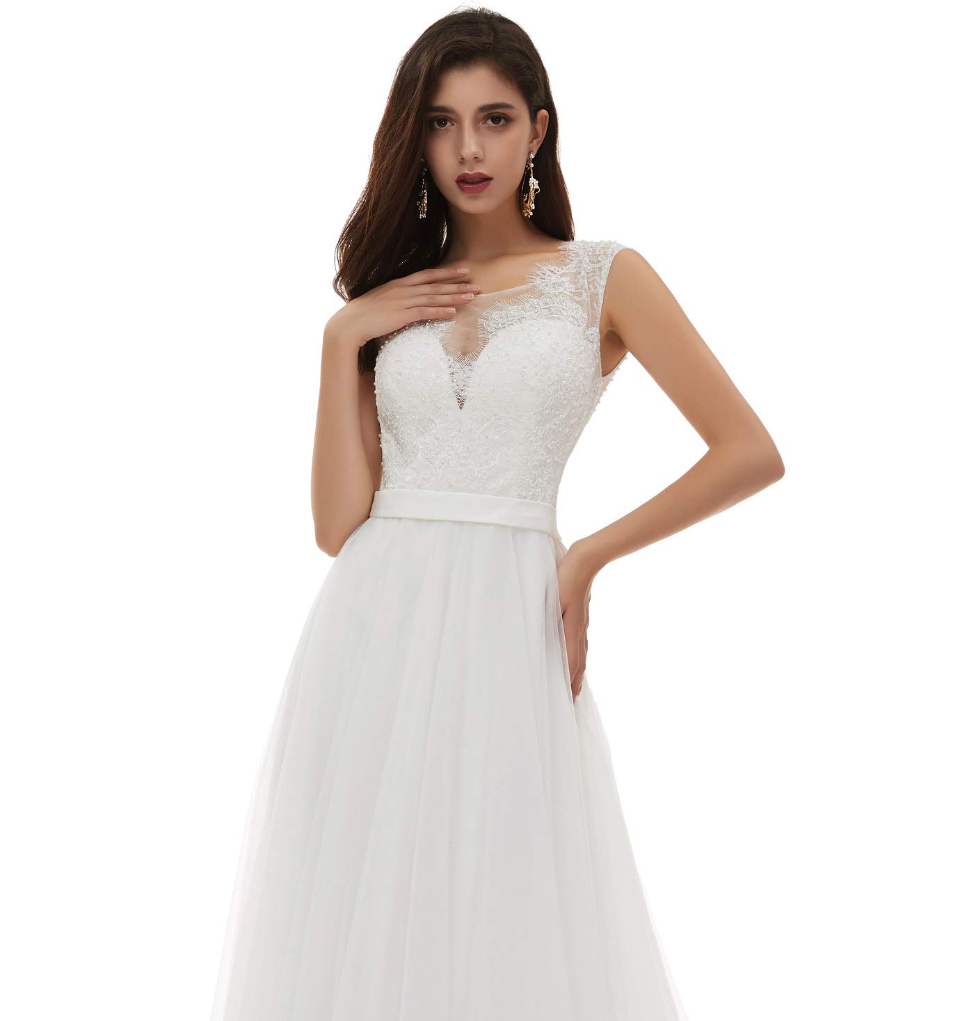 Elegant Women's V-Neck A-Line Lace Tulle Beach Wedding Dress for Bride | Boho Bridal Gown for Beach, Destination & Outdoor Ceremonies