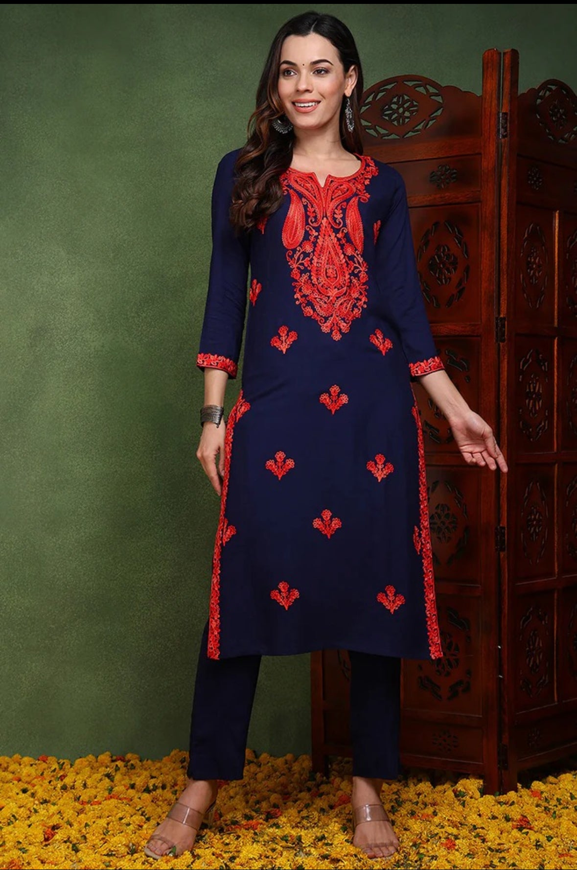 Elegant Dark Blue Chikankari Kurti for Women | Traditional Indian Embroidered Tunic Top | Perfect for Festivals, Weddings & Casual Wear