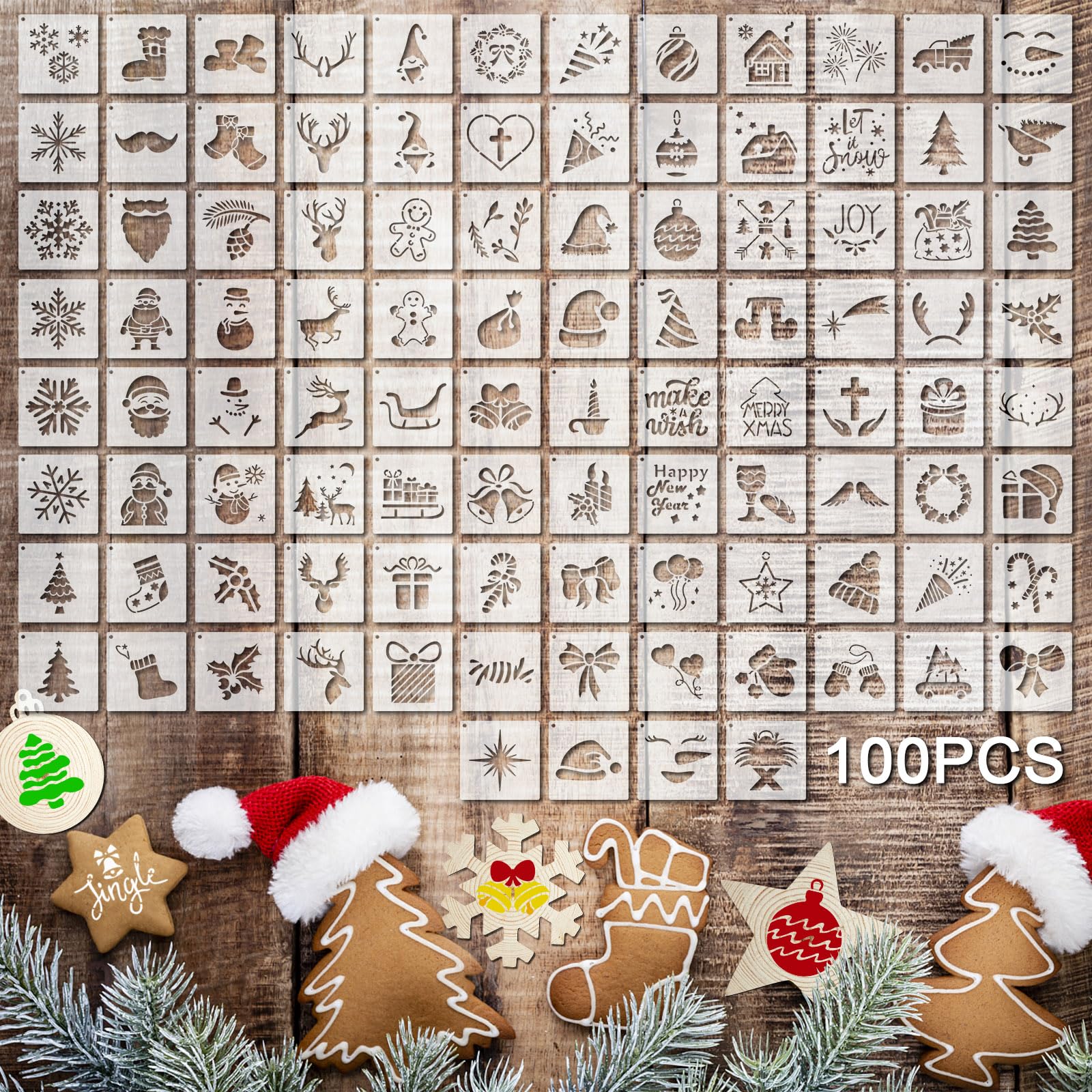 100 Pcs Reusable Wood Painting Stencils - Santa Style 2x2 Inch Drawing Templates for DIY Crafts, Scrapbooking, Holiday Decor & Home Wall Art | Perfect for Christmas Projects, Gift Wrapping & Seasonal Home Decoration