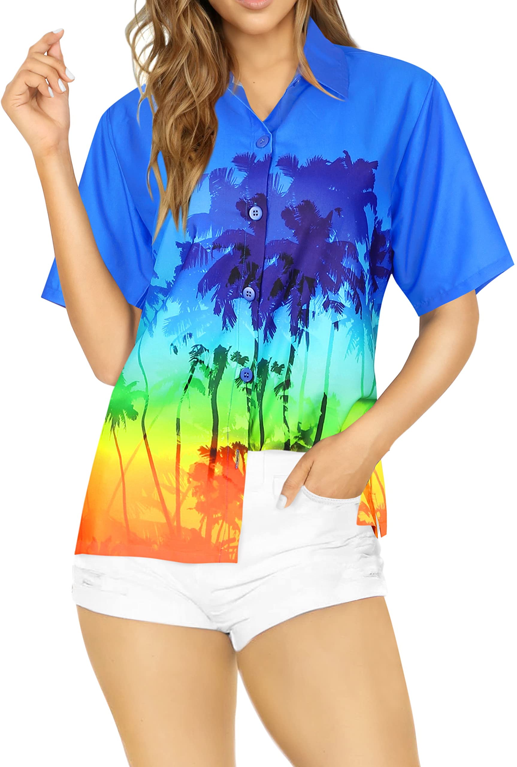 Happy Bay Women's Hawaiian Short Sleeve Beach Blouse - Floral Print Vacation Shirt for Summer, Pool Party & Tropical Getaways
