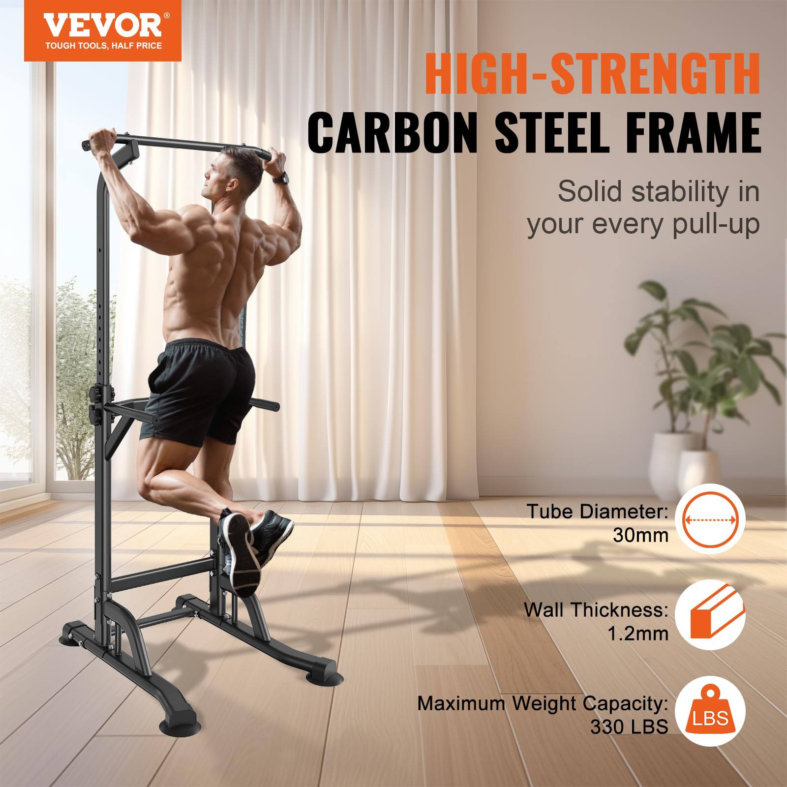 VEVOR Adjustable Power Tower Dip Station - 10-Level Pull-Up Bar Stand for Home Gym, Multi-Function Strength Training Equipment with 4 Suction Feet (330 lbs Capacity) - Perfect for Full-Body Workouts & Home Fitness Training