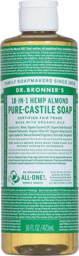 Dr. Bronner's Organic 18-in-1 Hemp Almond Pure-Castile Liquid Soap - 16oz (1 Pound) - Vegan, Cruelty-Free, Multipurpose Soap for Body, Face, Hair & Household Cleaning - Pack of 1 | Perfect for Shower, Bath, Travel & Eco-Friendly Home Use