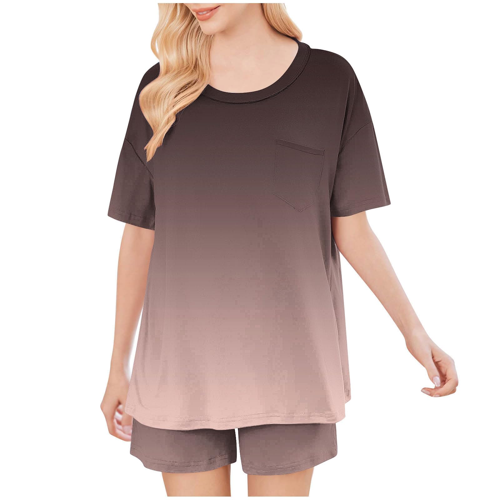 Women's Summer Gradient Short Sleeve Shirt & Pocket Shorts Pajama Set - Comfortable Two-Piece Lounge Wear for Home, Sleep & Relaxation