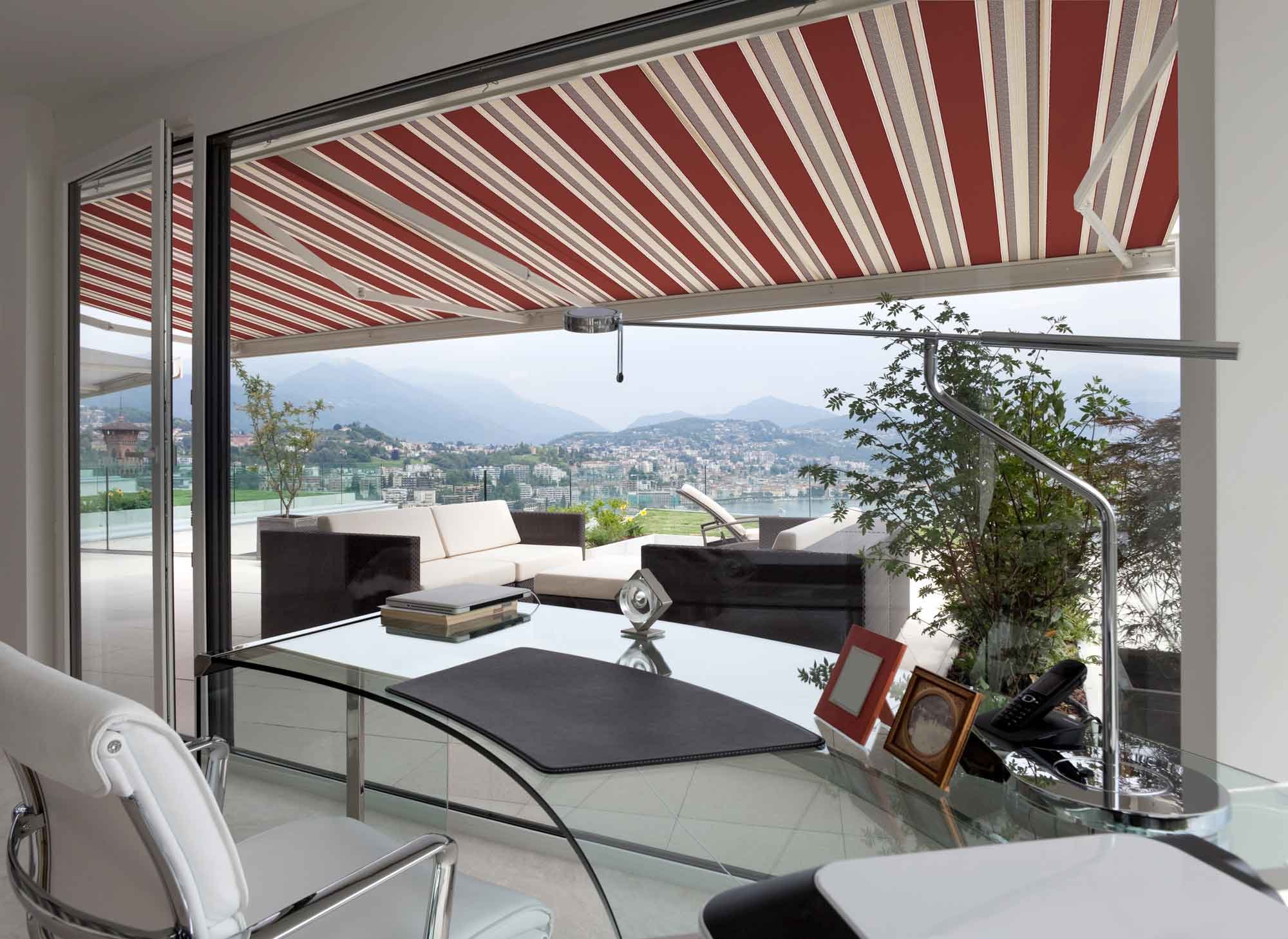 Premium Manual Retractable Patio Awning - 8' x 6' Brick Red & Sand Beige Stripes | 100% Solution Dyed European Acrylic | UV Protection & Easy Hand Crank | Perfect for Outdoor Shade, Deck, Garden & Backyard Relaxation