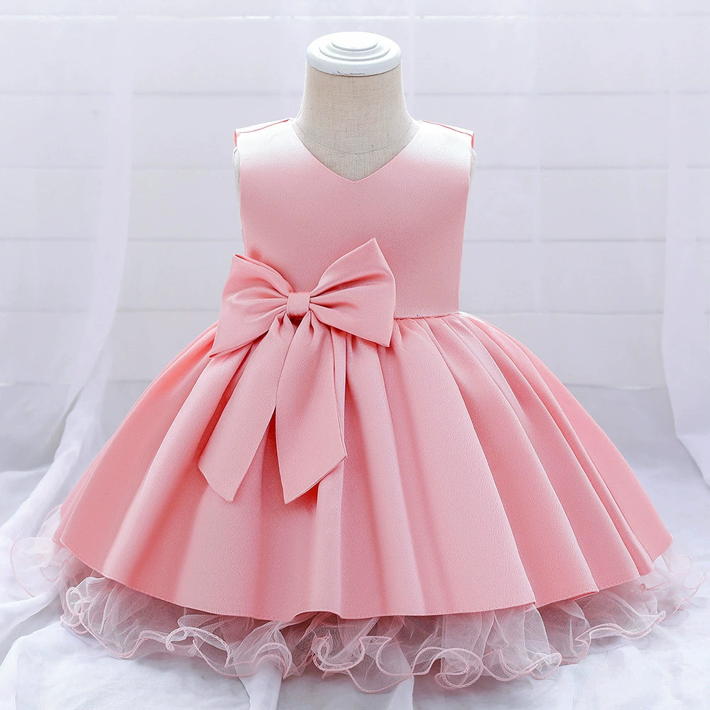 Pink Princess Round Tea Length Satin Flower Girl Dress for Weddings, Birthday Parties & Special Occasions - Elegant Formal Attire for Kids