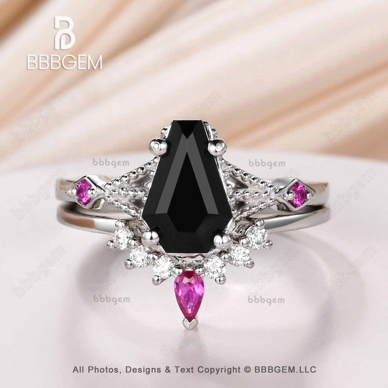 Platinum Black Spinel & Diamond Wedding Ring Set - 9x6mm Coffin Cut Onyx with Lab-Grown Ruby | Elegant Gothic Jewelry for Weddings, Anniversaries & Alternative Fashion
