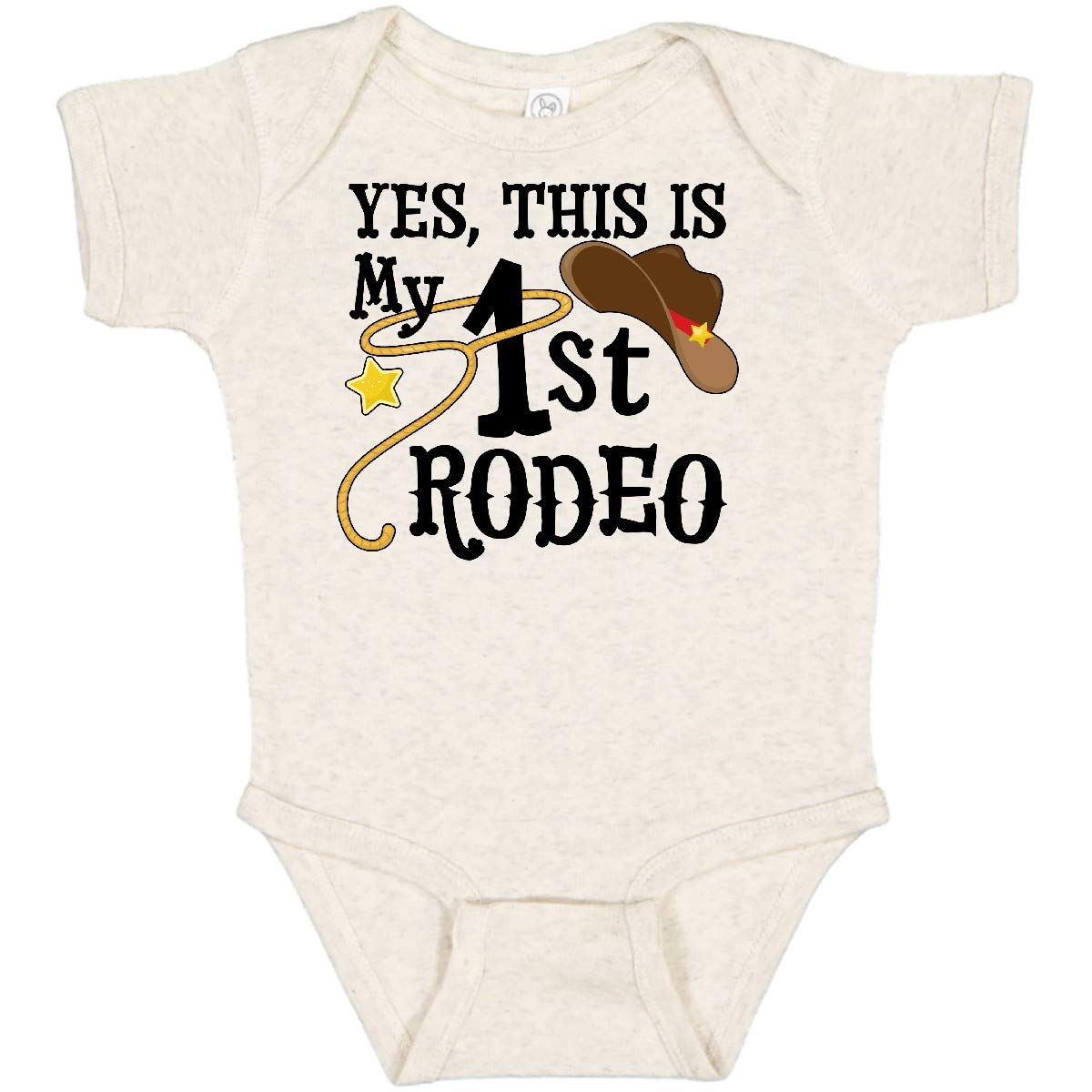Inktastic 'Yes, This is My 1st Rodeo' Cowboy Hat with Red Band Baby Bodysuit - Cute Western Outfit for Infants, Rodeo Theme Parties & Cowboy Costume Events