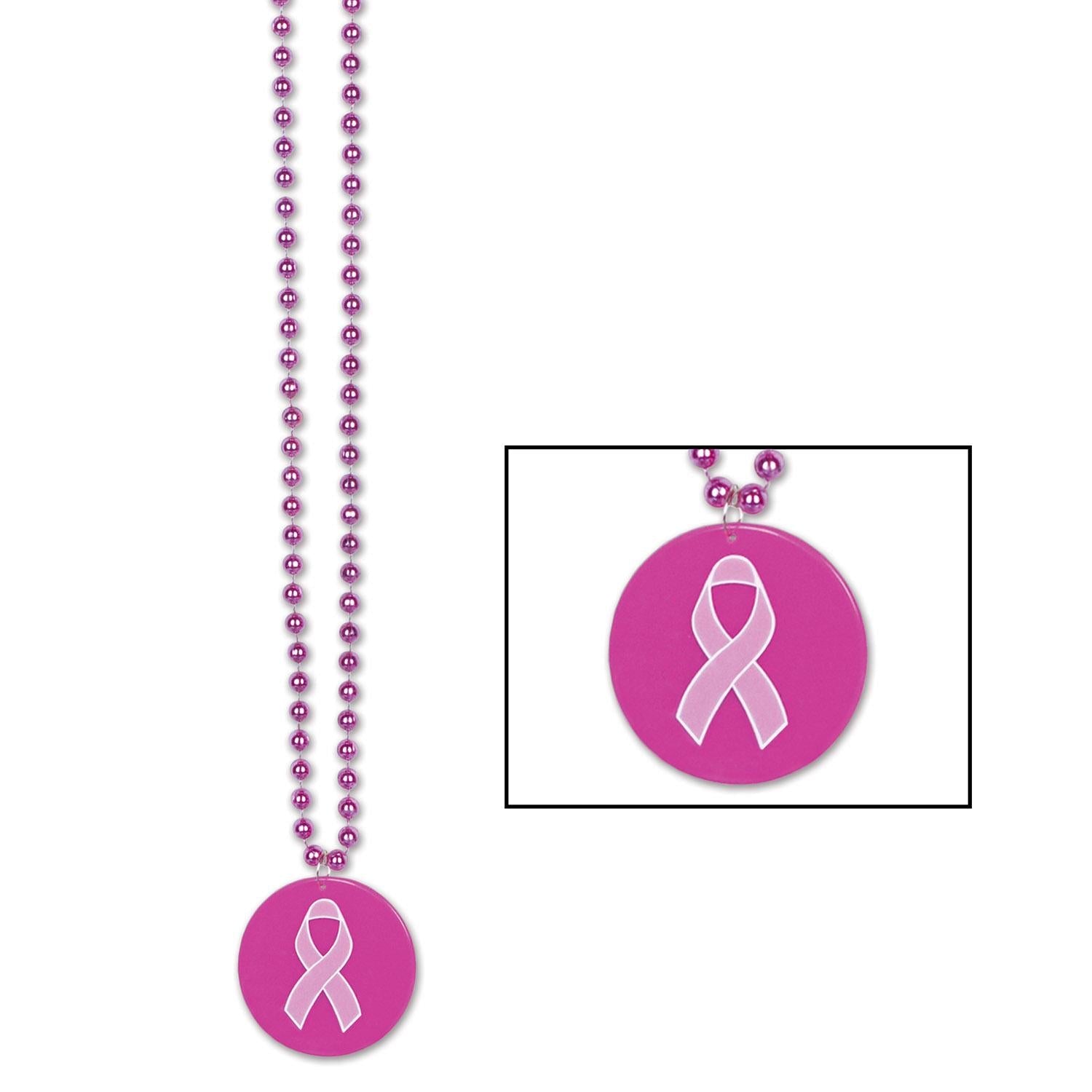 12 Pack Beaded Necklaces with Pink Ribbon Medallion - Breast Cancer Awareness Jewelry for Women, Fundraising Events & Support Groups