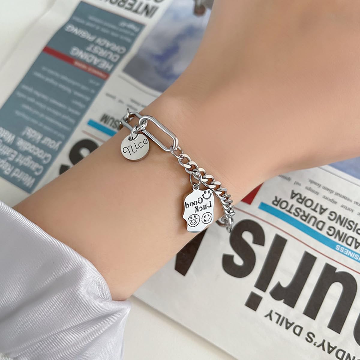 Stylish Silver Paperclip Bracelets for Women - Adjustable Stainless Steel Cuban Link Chain with Engravable Good Luck Charms & Smiley Face Pendants - Perfect Gift for Mom, Friends & Everyday Wear (Office, Party, Casual Outfits)