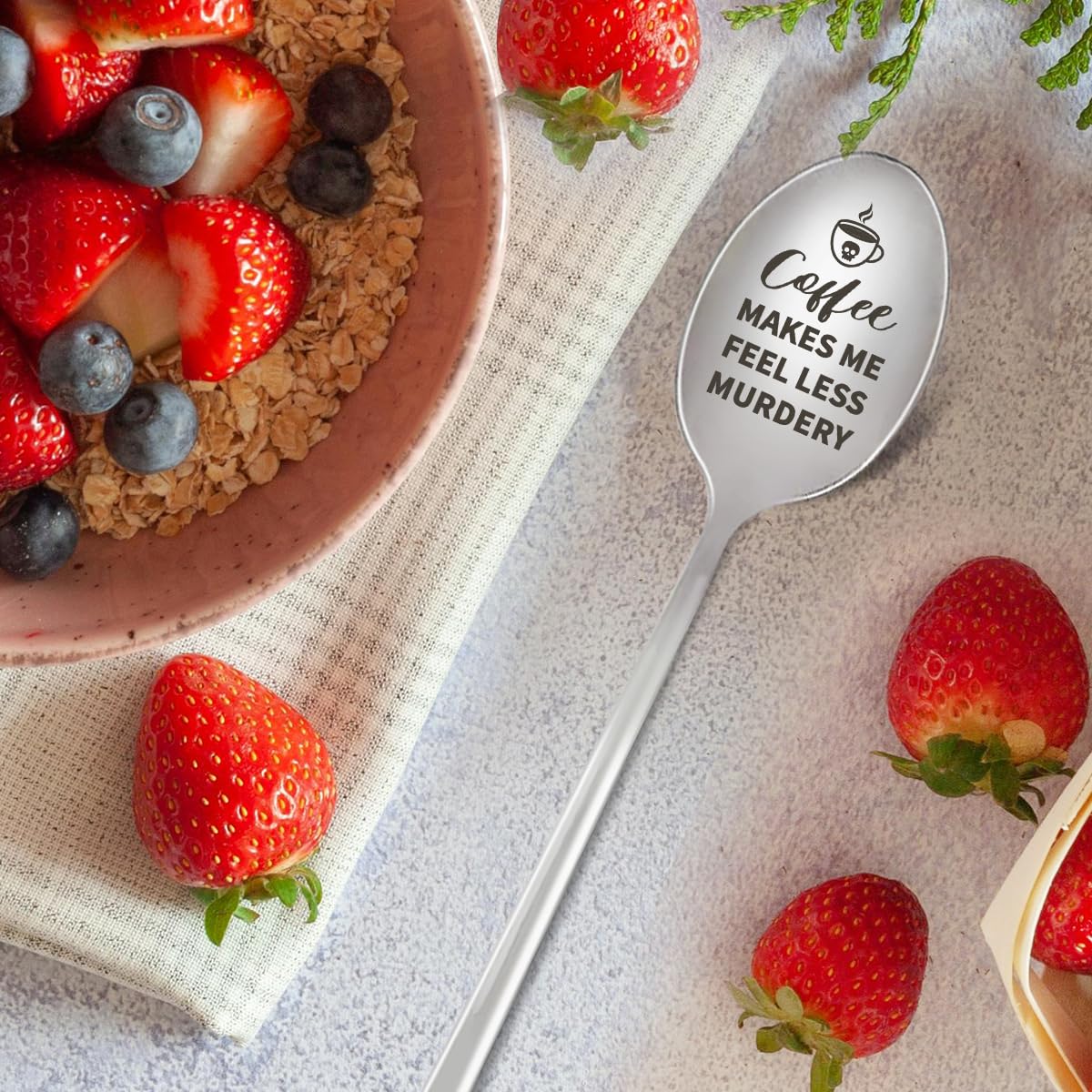 Funny Coffee Spoon Gift for Women & Men - Engraved Stainless Steel Spoon with 'Coffee Makes Me Feel Less Murdery' Quote - Perfect Birthday, Christmas Gift for Coffee Lovers, Friends, Coworkers, Colleagues & Boss - Great for Office, Home Use & Coffee Breaks