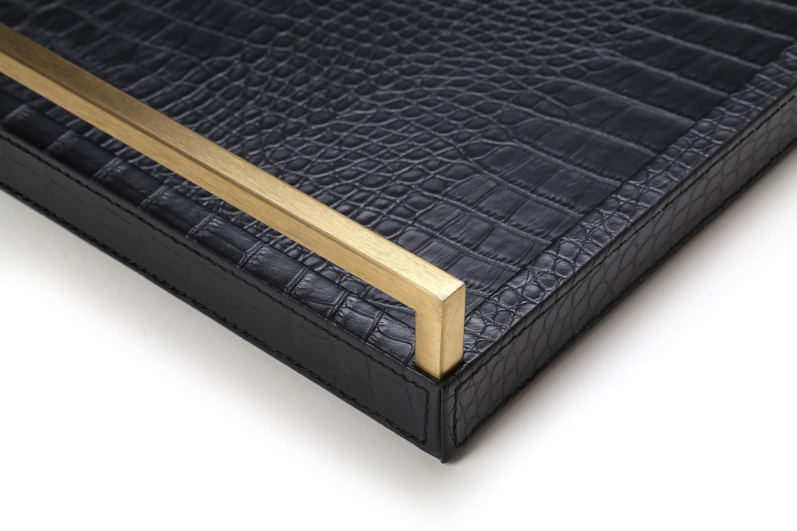 17.8x11.8 Inch Black Leather Ottoman Tray with Brushed Gold Handles - Large Decorative Serving Tray for Bars, Parties & Dining - Modern Home Decor for Living Room, Bedroom & Bathroom Vanity