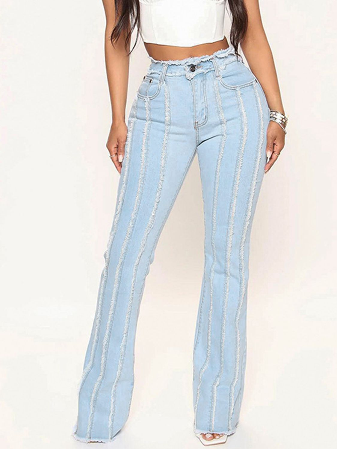 Stylish Striped Raw Hem Jeans for Women - Trendy Distressed Denim Pants with Frayed Edge - Perfect for Casual Outfits, Streetwear & Everyday Wear