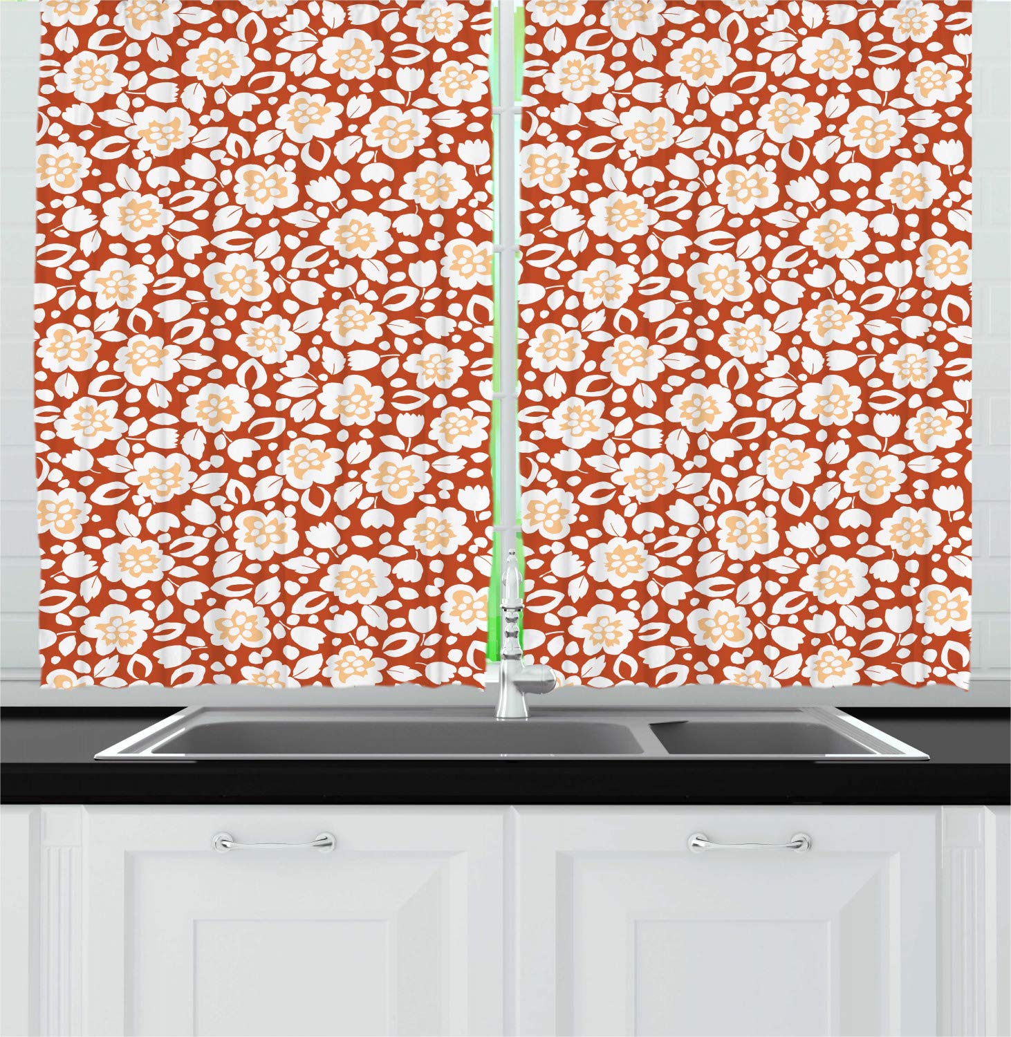 Ambesonne Floral Kitchen Curtains - Rust & White Silhouette Pattern Spring Design Window Drapes, 2 Panel Set 55